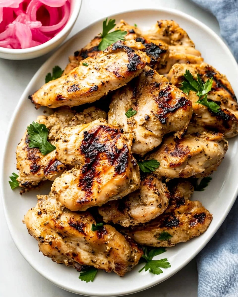 Yogurt-Marinated Greek Chicken, Greek chicken marinade, Mediterranean chicken recipe, flavorful roasted chicken, easy Greek-inspired chicken A close-up of a white bowl filled with several layers: at the bottom, there are pieces of bright red tomato and green cucumber diced into cubes; next to them are grilled slices of brown chicken placed on top, showing a textured surface; a dollop of white sauce with a creamy consistency is beside the chicken; finally, on another section of the bowl, there is a heap of light yellow couscous with a fluffy texture. The bowl sits on a white marbled surface.