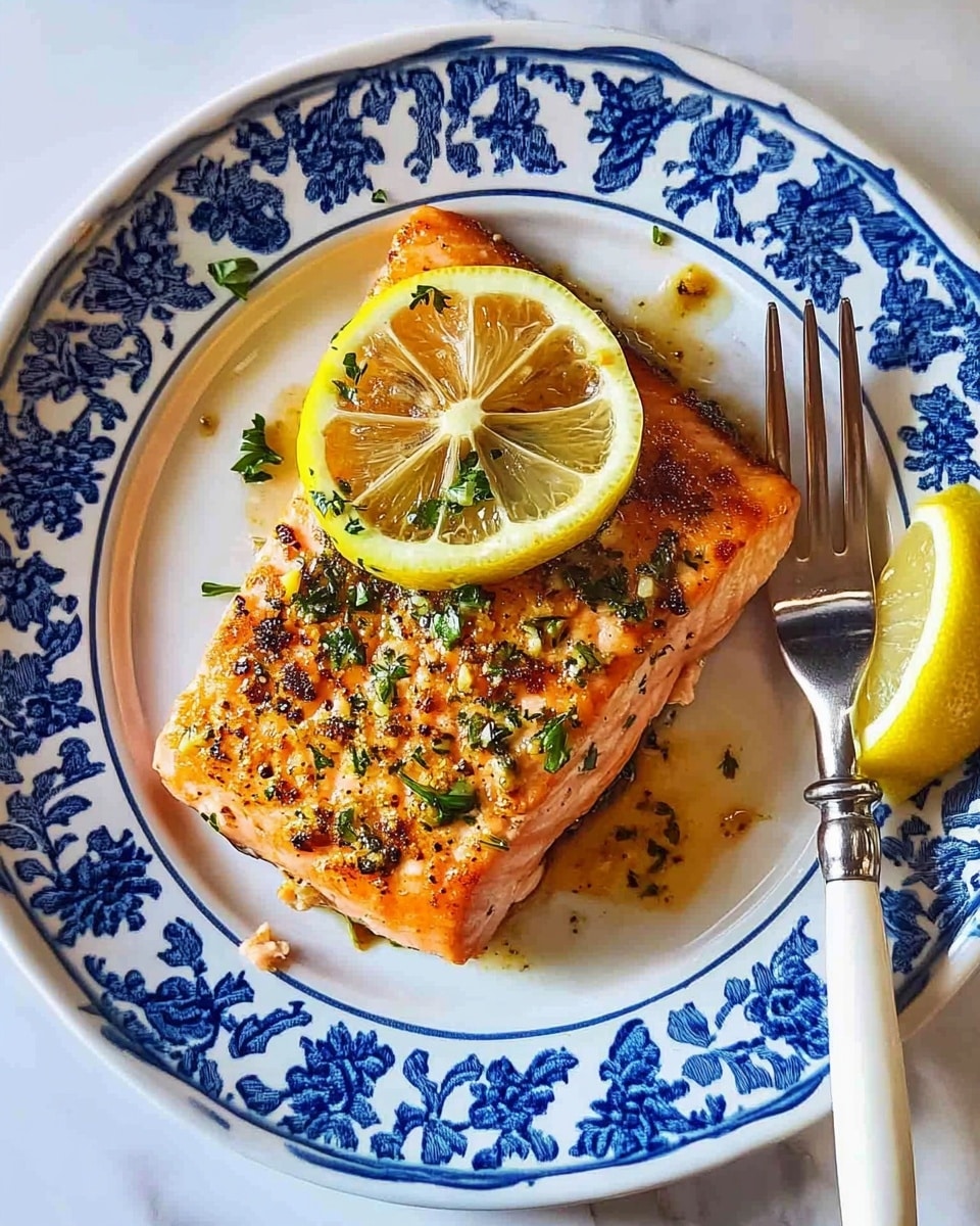 Baked Salmon with Lemon Herb Cream Sauce and Roasted Potatoes, baked salmon dinner, lemon herb salmon, sheet pan salmon recipe, healthy seafood recipes The image shows a cooked salmon fillet placed in the center of a white plate with a blue floral pattern around the edge. The salmon is light pink inside with a golden-brown seasoned crust on top. On the fillet, there is a thin, round lemon slice garnished with small green herbs. A silver fork with a white handle is positioned to the right of the fillet, holding a small piece of salmon. A lemon wedge is placed near the fork on the right side of the plate. The whole plate is set against a white marbled surface.