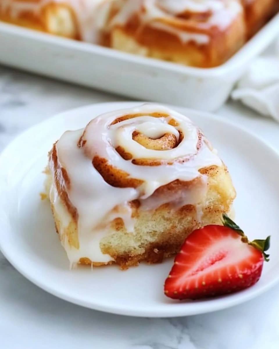 Strawberry Cheesecake Cinnamon Rolls, strawberry cream cheese rolls, easy strawberry cinnamon roll recipe, fruit-filled cinnamon rolls, weekend brunch dessert The image shows a white rectangular tray filled with cinnamon rolls covered in thick white icing. The cinnamon rolls are soft and golden-brown, with some of the spiral layers visible beneath the creamy icing. On top of the icing, near the middle, there is a halved strawberry with its green leaves still attached, adding a pop of red and green color. The tray is placed on a white marbled surface, and there are whole strawberries scattered on the surface around the tray. A woman's hand is seen holding the edge of the tray from the top left corner.