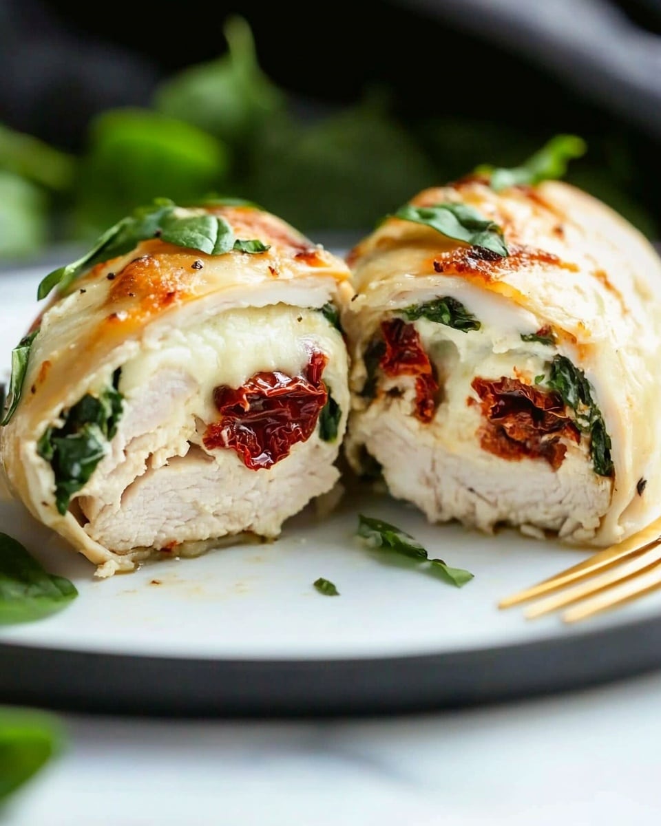 Spinach and Sun-Dried Tomato Stuffed Chicken Breast, stuffed chicken breast with spinach and sun-dried tomatoes, easy stuffed chicken recipe, flavorful chicken dinner, healthy stuffed chicken A close-up of a white chicken roll cut in half on a white plate, layered with melted white cheese, dark green spinach leaves, and small pieces of red sun-dried tomatoes, showing the soft, cooked chicken on the outside with a slight golden brown crust, garnished with small green herbs on top, with some spinach leaves blurred in the background on a white marbled surface, and a golden fork resting near the chicken roll;