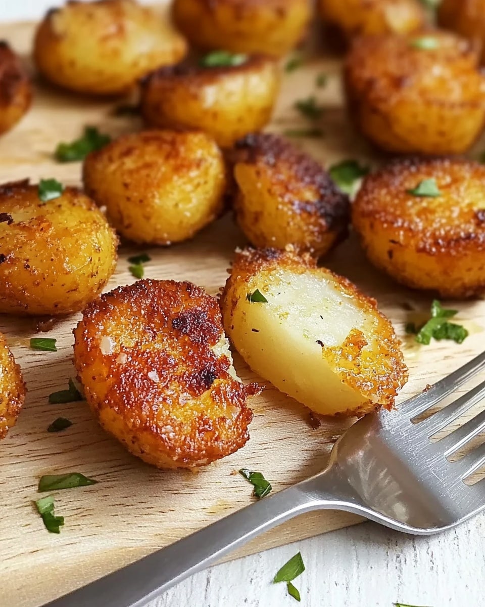 Crispy Oven Roasted Potatoes, crispy roasted potatoes, oven roasted potatoes, easy potato side dish, how to make crispy roasted potatoes The image shows several pieces of golden-brown roasted potatoes closely packed together. Each potato piece has a crispy, rough texture with a rich brown color on the surface, sprinkled with small green herb bits and coarse white salt crystals. The inside of the potatoes appears soft and lighter yellow, visible through some edges. The overall look is warm and crunchy with a slight shine from the herbs and salt on top. The background is a white marbled texture.