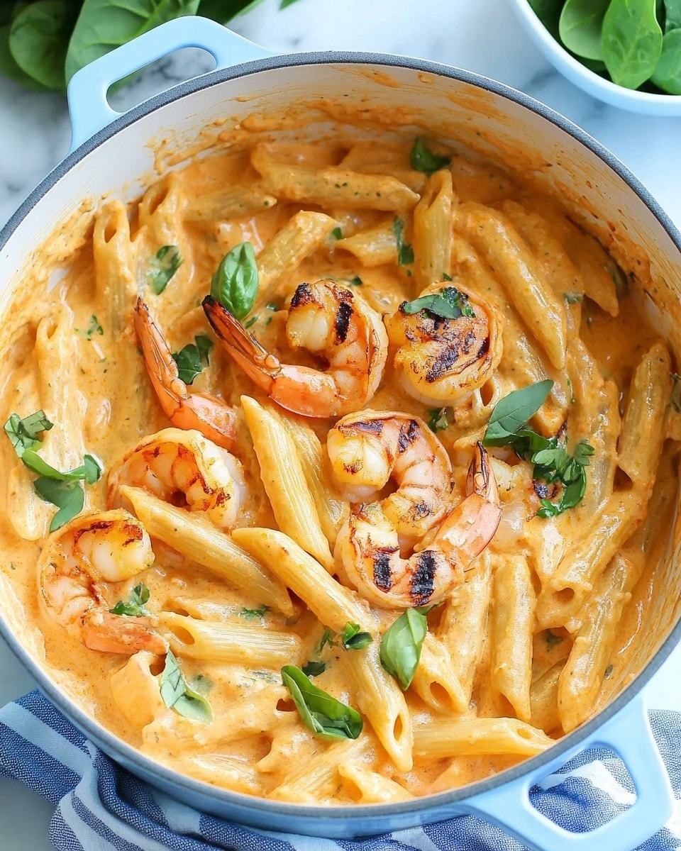 The image shows a white pot with a blue handle filled with creamy pasta and shrimp. The dish has three main layers: the bottom layer is plump penne pasta coated in a light orange creamy sauce, the middle layer has large cooked shrimp that are pink with grill marks and partially covered by the sauce, and the top layer is sprinkled with small pieces of chopped green herbs that add a fresh pop of color. The pot sits on a white marbled surface with a striped blue and white cloth underneath. There is also a small white bowl filled with fresh green spinach leaves visible in the background. Photo taken with an iphone --ar 4:5 --v 6.1