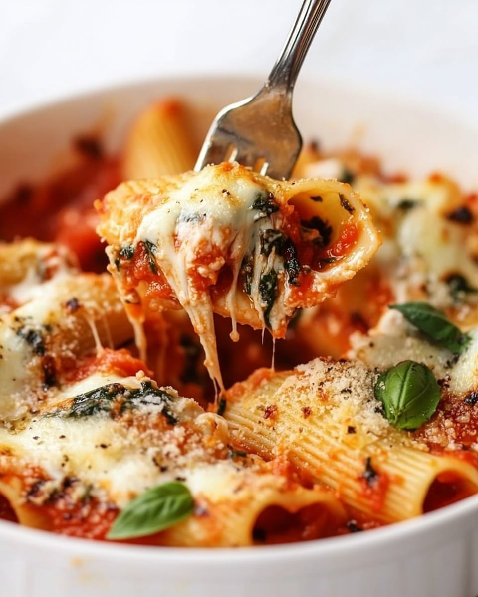The dish shows baked pasta shells layered with a thick red tomato sauce and melted cheese that is golden brown on top. The pasta shells are stuffed with a mix of cheese and spinach, visible by the green leafy bits and creamy white inside the shells. Some fresh green basil pieces are scattered on top. A fork is lifting one of the pasta shells, showing the stuffed inside and sauce clinging to it. The food is served in a white bowl, sitting on a white marbled surface. The photo is taken close up, focusing on the textures and colors of the pasta and sauce. photo taken with an iphone --ar 4:5 --v 6.1