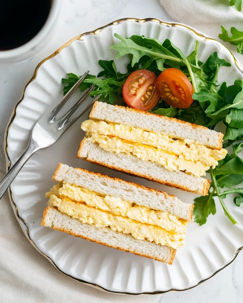 A white scalloped-edged plate holds a sandwich cut into two neat triangles. The sandwich has three layers of soft white bread with two layers of bright yellow egg salad filling in between. A small sprig of green parsley sits on top of the sandwich. Next to the sandwich are a few fresh green spinach leaves and three halved cherry tomatoes with a glossy red skin. A silver fork with a black handle rests on the plate beside the sandwich and vegetables. The plate sits on a white marbled surface with a cup of black coffee blurred in the background. Photo taken with an iphone --ar 4:5 --v 6.1