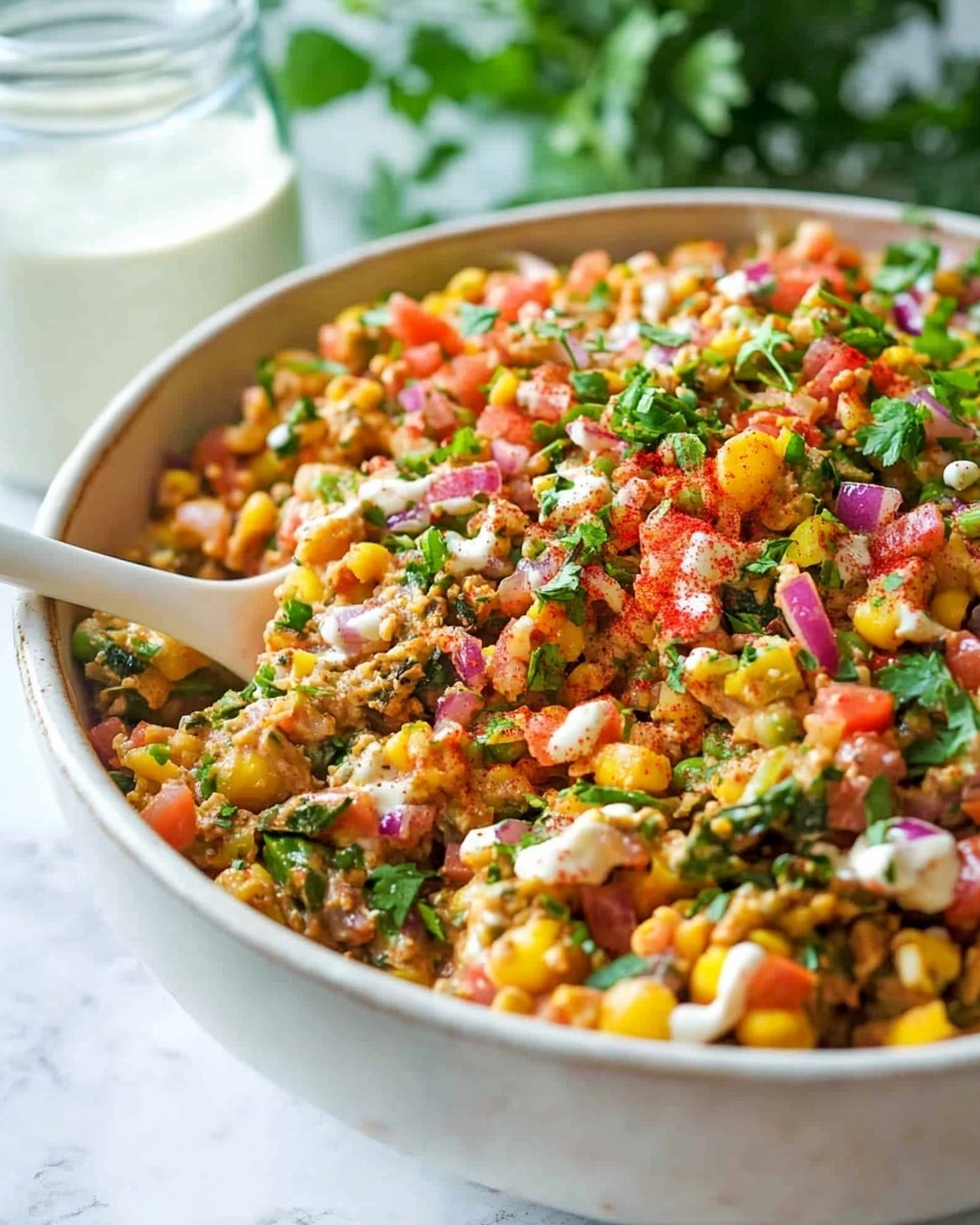 A white bowl holds a layered dish with at least four visible layers. The bottom layer consists of cubed golden brown pieces, topped with a thick layer of green chopped vegetables. Above that is a chunky layer of shredded brown meat, covered with a generous drizzle of creamy white sauce. The top is sprinkled with reddish-brown fried bits, adding texture and color contrast. The bowl is placed on a white marbled surface, with green leafy plants in the background. photo taken with an iphone --ar 4:5 --v 6.1