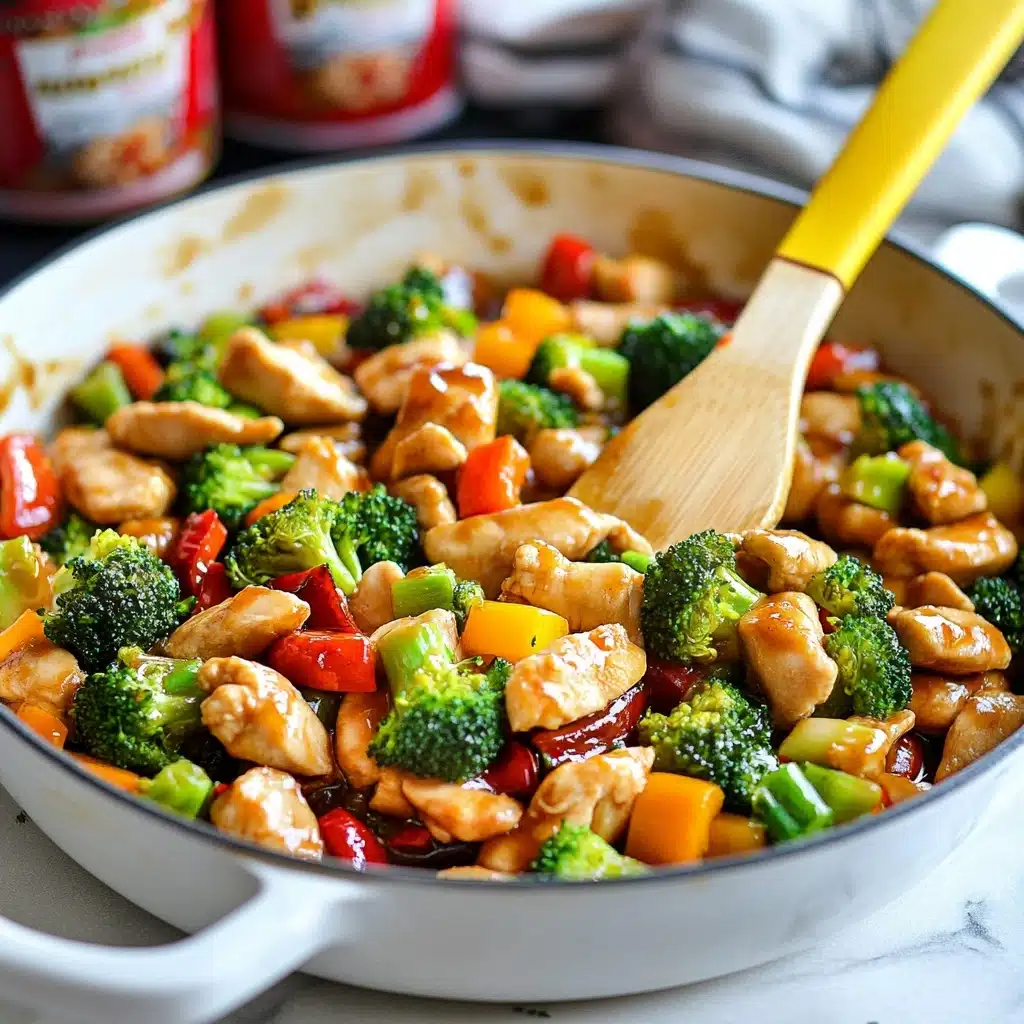 Chicken Stir Fry with Broccoli, Bell Peppers, and Carrots,Chicken stir fry with honey soy sauce,Healthy chicken stir fry recipe,Quick vegetable chicken stir fry,Easy dinner ideas for stir fry A close-up image of a bowl filled with a colorful stir-fry featuring three main visible layers: chunky light brown pieces of cooked chicken on top, bright green broccoli florets scattered throughout, and bold orange carrot slices mixed in. The ingredients are coated with a shiny sauce that gives a slightly glossy texture, and a sprinkle of white sesame seeds is seen over the dish. The bowl is white with a blue diamond pattern around its sides, and two light wooden chopsticks are sticking out from the center. The background shows a soft-focus pan with more stir-fry and a white marbled surface under the bowl.