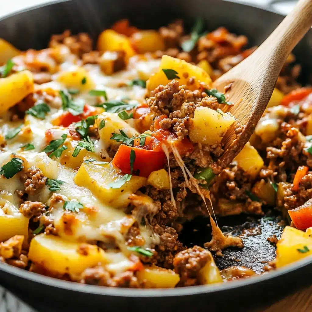 Mexican Ground Beef and Potato Skillet, Mexican Ground Beef Skillet, Easy Mexican Beef and Potato Dinner, One-Pan Mexican Beef and Potatoes, Hearty Mexican Beef Skillet The image shows a close-up of a cooked dish in a black pan with layers of browned ground meat, diced yellow potatoes, red bell peppers, and melted cheese stretched between pieces. The dish is sprinkled with chopped green herbs on top, adding a fresh touch. The textures are mixed, with soft melted cheese pulling across firm potato chunks and crumbly meat all coated in spices. A wooden spatula is lifting a portion of the food, showing the filling’s mix of colors and textures against the pan’s dark surface. The background features a white marbled texture.