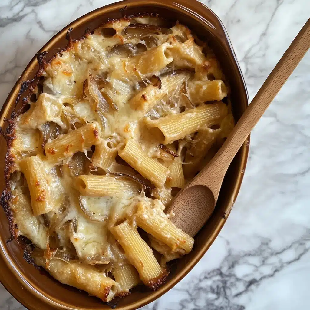 Creamy French Onion Pasta, French Onion Pasta recipe, cheesy onion pasta, easy French onion pasta, comforting pasta dishes The image shows a brown oval baking dish filled with baked rigatoni pasta mixed with pieces of mushrooms, all covered with melted light beige cheese. The rigatoni pasta is pale yellow and slightly browned on some parts. The mushrooms are scattered evenly throughout the dish and look soft with a muted brown color. A wooden slotted spoon is partially resting in the dish on the right side, with some pasta underneath it. The baking dish is placed on a white marbled surface.