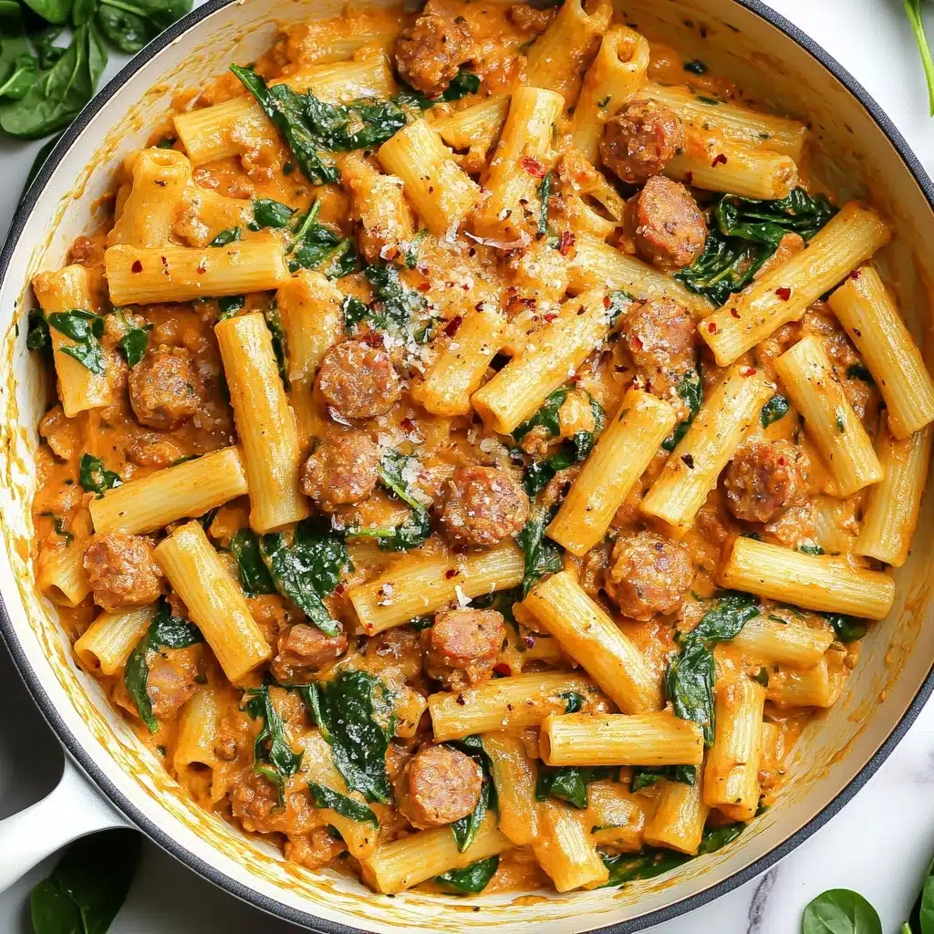 Creamy Sausage Rigatoni, Easy Sausage Pasta dinner, 30-minute pasta recipe, One-Pan sausage pasta, Quick weeknight pasta dish The image shows a white pan filled with a creamy pasta dish made of tube-shaped pasta mixed with pieces of cooked sausage and fresh green spinach leaves. The pasta is covered in an orange-tinted creamy sauce that looks smooth and speckled with red chili flakes and herbs. The sausage pieces are small and brown, scattered evenly throughout the pasta, and the spinach leaves add a fresh green contrast. The pan is set on a white marbled surface, with some uncooked pasta pieces and sprigs of herbs nearby. The lighting highlights the glossy texture of the sauce and the vibrant colors of the ingredients, making the dish look rich and appetizing.