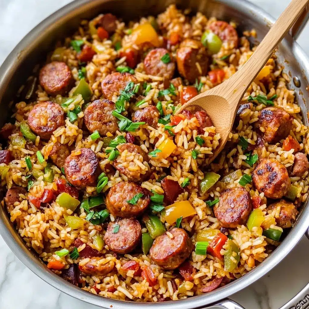 Cajun Sausage and Rice Skillet, Cajun Sausage and Rice, Cajun one-pan dinner, spicy sausage and rice, easy Cajun skillet meal The image shows a large silver pan filled with cooked rice mixed with sliced sausage pieces, small chunks of green and yellow bell peppers, and bits of tomato. The rice is golden brown with a slightly oily texture, and the sausages have a browned, crispy outer layer. Bright green chopped scallions are scattered on top, adding a fresh touch. A wooden spoon sits in the pan with a woman's hand holding it, stirring the rice. The pan sits on a white marbled surface.