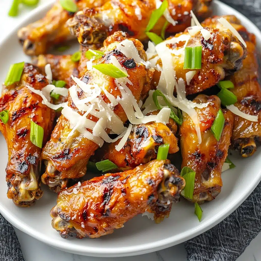 Crock Pot Garlic Parmesan Chicken Wings, slow cooker chicken wings recipe, easy garlic Parmesan wings, cheesy chicken wings, game day chicken wings A white plate holds a pile of grilled chicken wings with a golden brown, crispy texture and some darker charred spots. They are topped with thin, white shredded cheese melted slightly over the wings. Scattered on top are small pieces of fresh green onion slices adding a fresh, bright contrast. The plate is placed on a white marbled surface with a dark cloth partially visible at the edge.