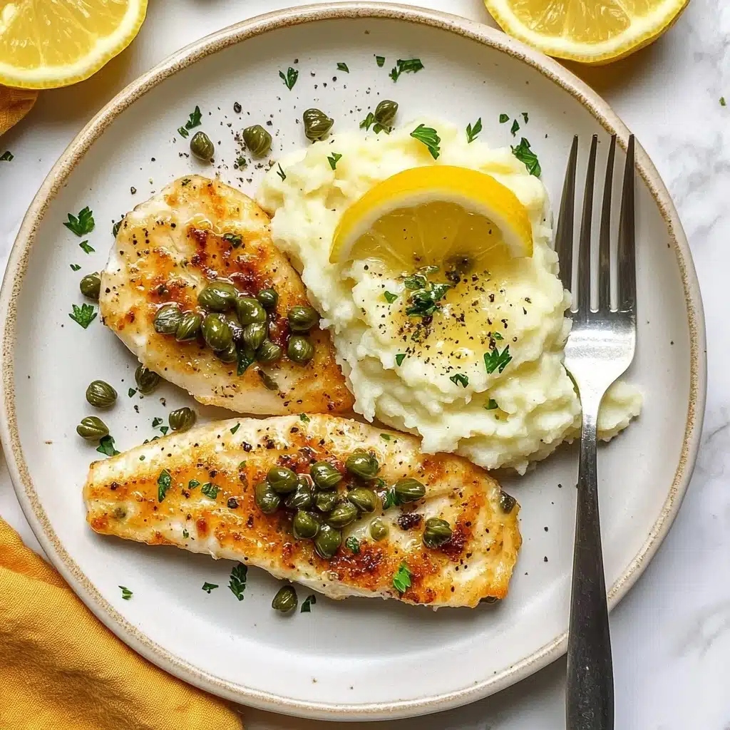 Chicken Piccata, Gluten-Free Chicken Piccata, Easy Chicken Dinner, Lemon Chicken Recipes, Quick Weeknight Chicken A white plate with two golden brown cooked fillets topped with green capers and small bits of parsley, placed on the left side of the plate; next to them on the right is a fluffy, smooth mound of creamy white mashed potatoes sprinkled lightly with black pepper and parsley, with a yellow lemon wedge resting on top; a silver fork lies next to the mashed potatoes on the right side; the plate sits on a white marbled surface with parts of other plates and lemon slices partially visible around the main plate;