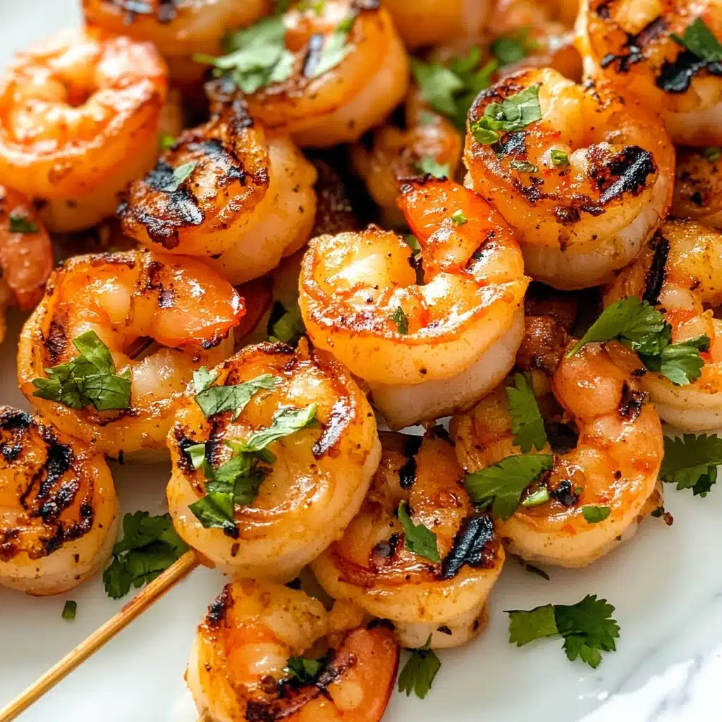 Asian Marinated Grilled Shrimp Skewers, shrimp skewers with Asian marinade, grilled shrimp recipes, easy Asian shrimp skewers, flavorful seafood skewers A white round plate on a white marbled surface holds skewers of grilled shrimp. Each skewer has three shrimp, cooked to a light orange color with visible grill marks and sprinkled with finely chopped green herbs. There is a half lime and a whole lime on the plate, adding a fresh green contrast. The shrimp look juicy and slightly shiny from a glaze or sauce. To the side, a woman's hand holds a skewer, ready to pick it up.