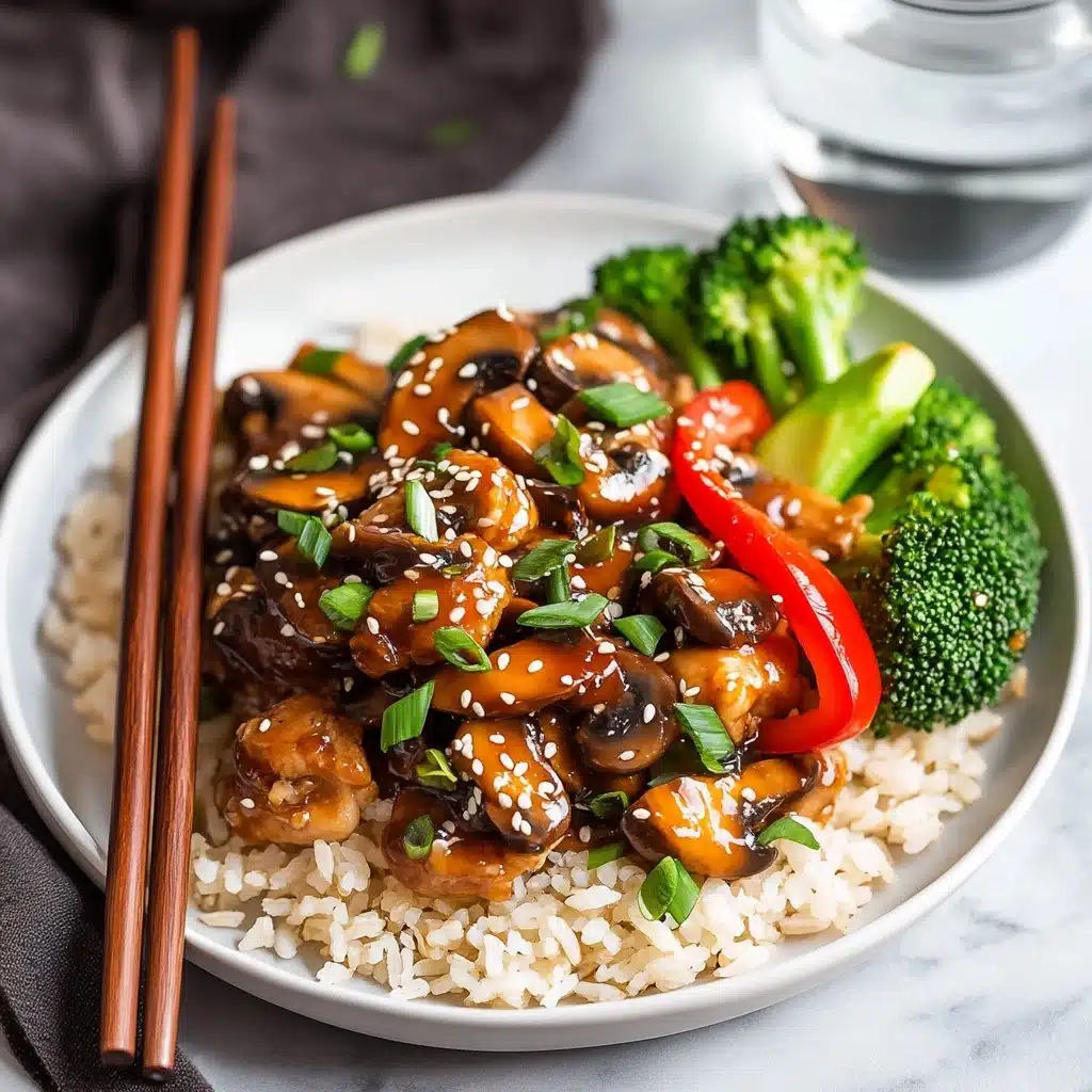 Instant Pot Teriyaki Chicken, easy instant pot chicken recipes, quick Asian chicken dishes, healthy weeknight dinners, flavorful chicken dinners A white plate on a white marbled surface holds a bed of light tan cooked rice as the bottom layer. On top, there is a layer of dark brown glossy mushroom pieces coated in sauce, sprinkled with white sesame seeds and chopped green onions. To one side of the mushrooms, bright green broccoli florets and slices of red bell pepper add a fresh and colorful touch. Two brown wooden chopsticks rest diagonally on the left edge of the plate. A clear glass of water is placed in the background on the right side.