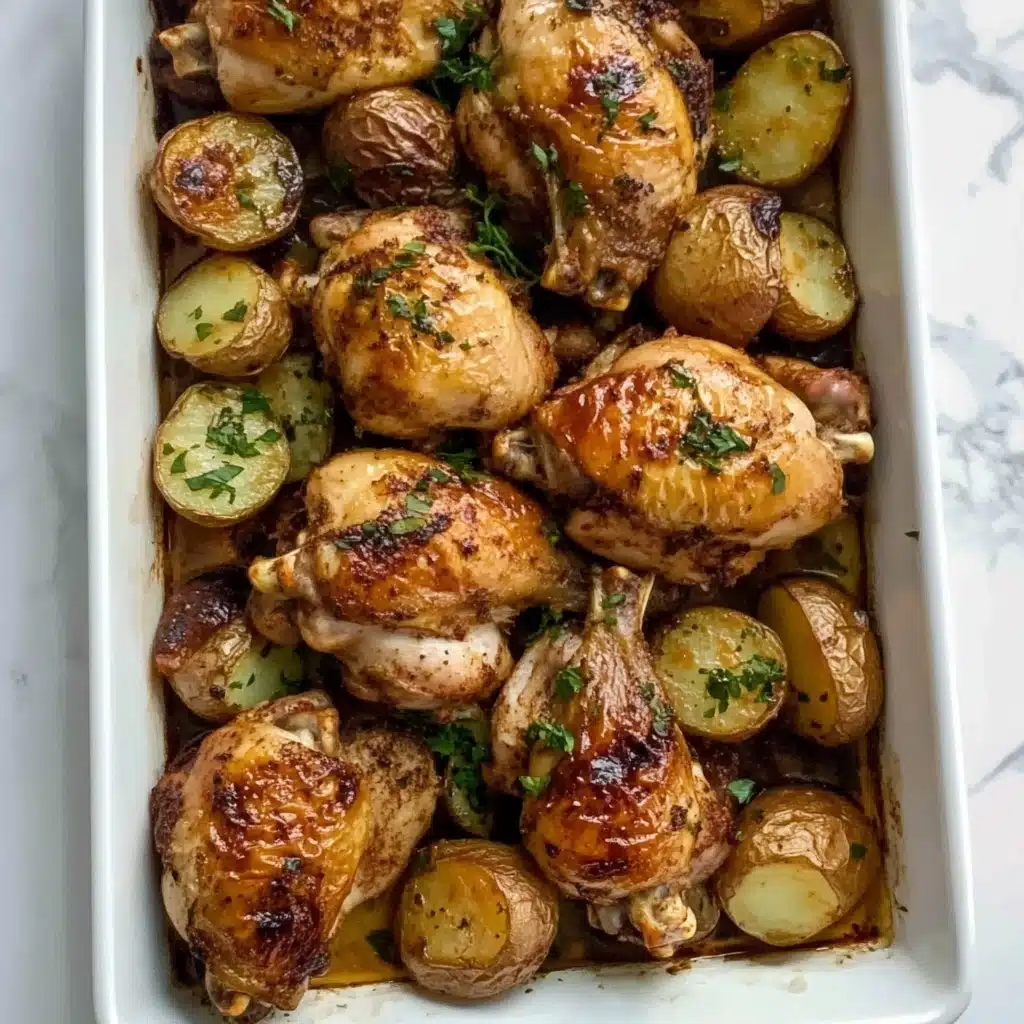 Roasted Chicken and Potatoes with Garlic Sauce, roasted chicken recipe, garlic sauce recipe, easy roasted chicken dinner, comforting chicken and potatoes A white rectangular baking dish filled with seven browned roasted chicken pieces scattered among many halved golden baby potatoes, all sprinkled with finely chopped green herbs. The chicken skin shows crispy, browned spots while the potatoes have a soft, roasted texture with some darker char marks. There is a light layer of brown sauce pooled at the bottom, with some baked-on residue around the edges of the dish. The dish rests on a white marbled surface.
