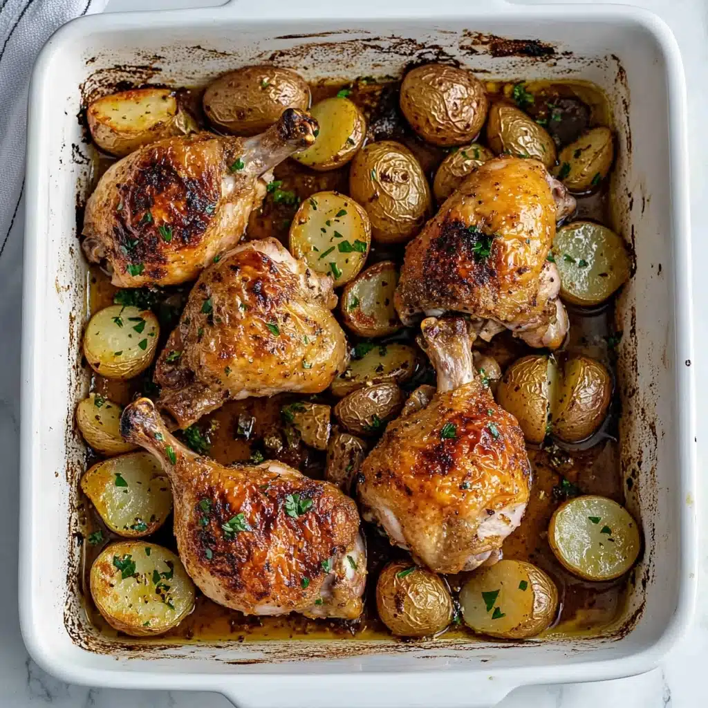Roasted Chicken and Potatoes with Garlic Sauce, roasted chicken recipe, garlic sauce recipe, easy roasted chicken dinner, comforting chicken and potatoes A white rectangular dish filled with several pieces of golden-brown roasted chicken placed on top of small, round roasted potatoes. The chicken skin is crispy with a slightly shiny texture and sprinkled with green herbs. The potatoes are evenly browned and nestled closely around the chicken pieces. The dish is shown on a white marbled surface.
