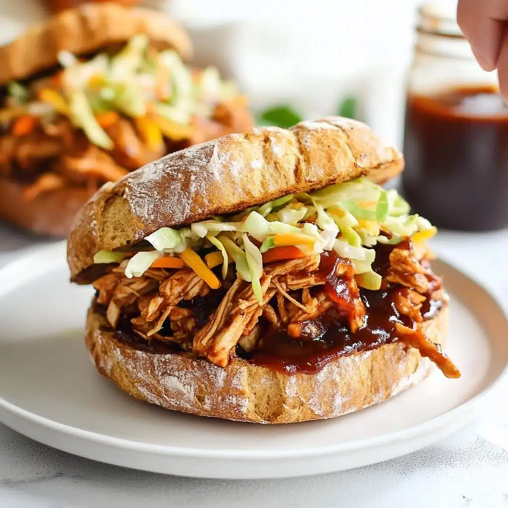 Pulled BBQ Chicken Sliders with Coleslaw, BBQ Chicken Sliders, No Mayo Coleslaw, Easy BBQ Chicken Sandwiches, Quick Pulled Chicken Sliders This image shows pulled barbecue chicken sandwiches, each built on a thick slice of rustic brown bread with a soft, rough texture. The first layer is the brown bread, topped with a generous layer of shredded chicken coated in dark red barbecue sauce, giving it a glossy and rich look. On top of the chicken sits a pile of crunchy yellow and green cabbage slaw with small orange carrot pieces, adding color and height. The plate is white and sits on a white marbled texture surface, with a glass jar filled with extra barbecue sauce visible in the background. woman's hand is seen holding the edge of the plate.