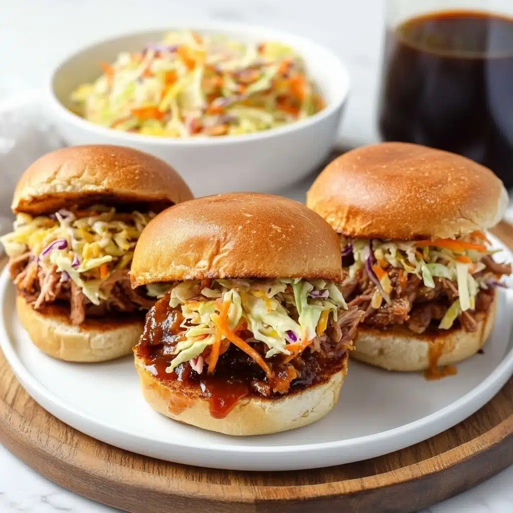 Pulled BBQ Chicken Sliders with Coleslaw, BBQ Chicken Sliders, No Mayo Coleslaw, Easy BBQ Chicken Sandwiches, Quick Pulled Chicken Sliders Three pulled meat sliders sit on a round white plate, each bun split in half to show two main layers inside. The bottom layer is stringy, saucy, and dark brown meat, covered in a thick glaze. On top of the meat is a pile of bright yellow and pale green shredded slaw with some orange pieces mixed in, giving a crunchy look. The whole wheat buns are soft brown and slightly rough in texture. In the background, there is a white bowl filled with more colorful slaw, and a glass of dark sauce, all on a wooden tray over a white marbled texture.