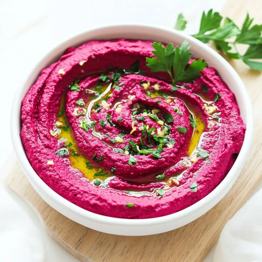 Easy Beetroot Hummus with Tahini, vegan beetroot hummus, dairy-free beetroot dip, healthy beetroot snacks, colorful party dip A white bowl holds a thick, smooth, and creamy layer of bright magenta beet hummus, swirled into soft waves that show off the glossy, textured surface. The hummus is garnished with chopped green herbs and a few lemon zest shreds sprinkled on top, along with a drizzle of shiny olive oil that pools in the center, adding a bit of depth. A sprig of flat-leaf parsley sits on one side as a fresh accent. The bowl rests on a light wooden board over a white marbled texture background.