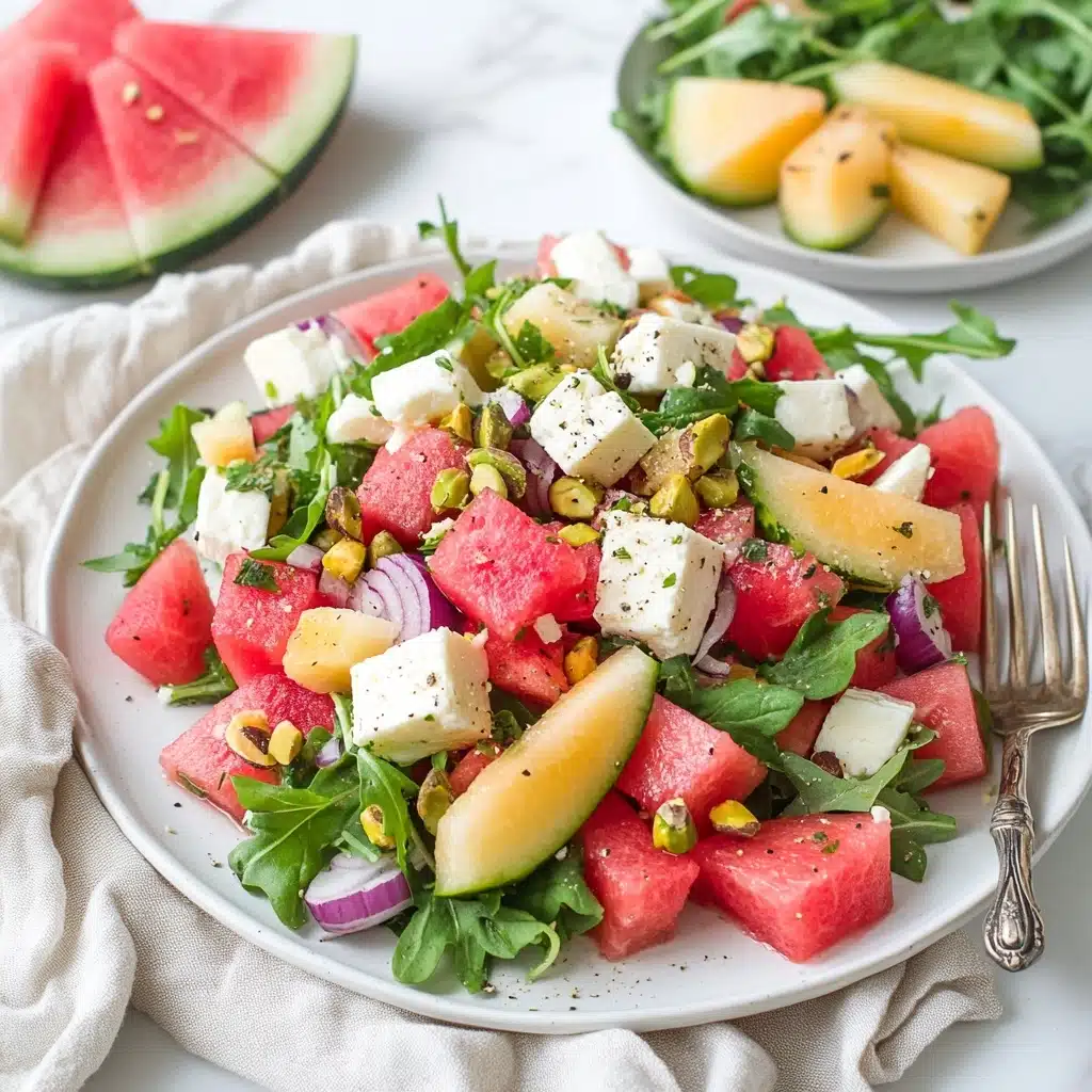 Watermelon Rind Salad with Feta & Arugula, watermelon rind salad recipe, quick summer salad, healthy watermelon side dish, easy watermelon salad with feta This image shows a fresh salad on a white plate, set against a white marbled texture. The salad has three main layers: the bottom layer is filled with green arugula leaves that look crisp. On top, there is a mix of bright red watermelon cubes, pale yellow or white apple chunks, and creamy white feta cheese cubes all scattered evenly. Thin slices of purple onion are mixed in, adding color and texture. The salad is topped with whole roasted green pistachios and several large, fresh mint leaves for decoration. Everything looks vibrant, fresh, and moist.
