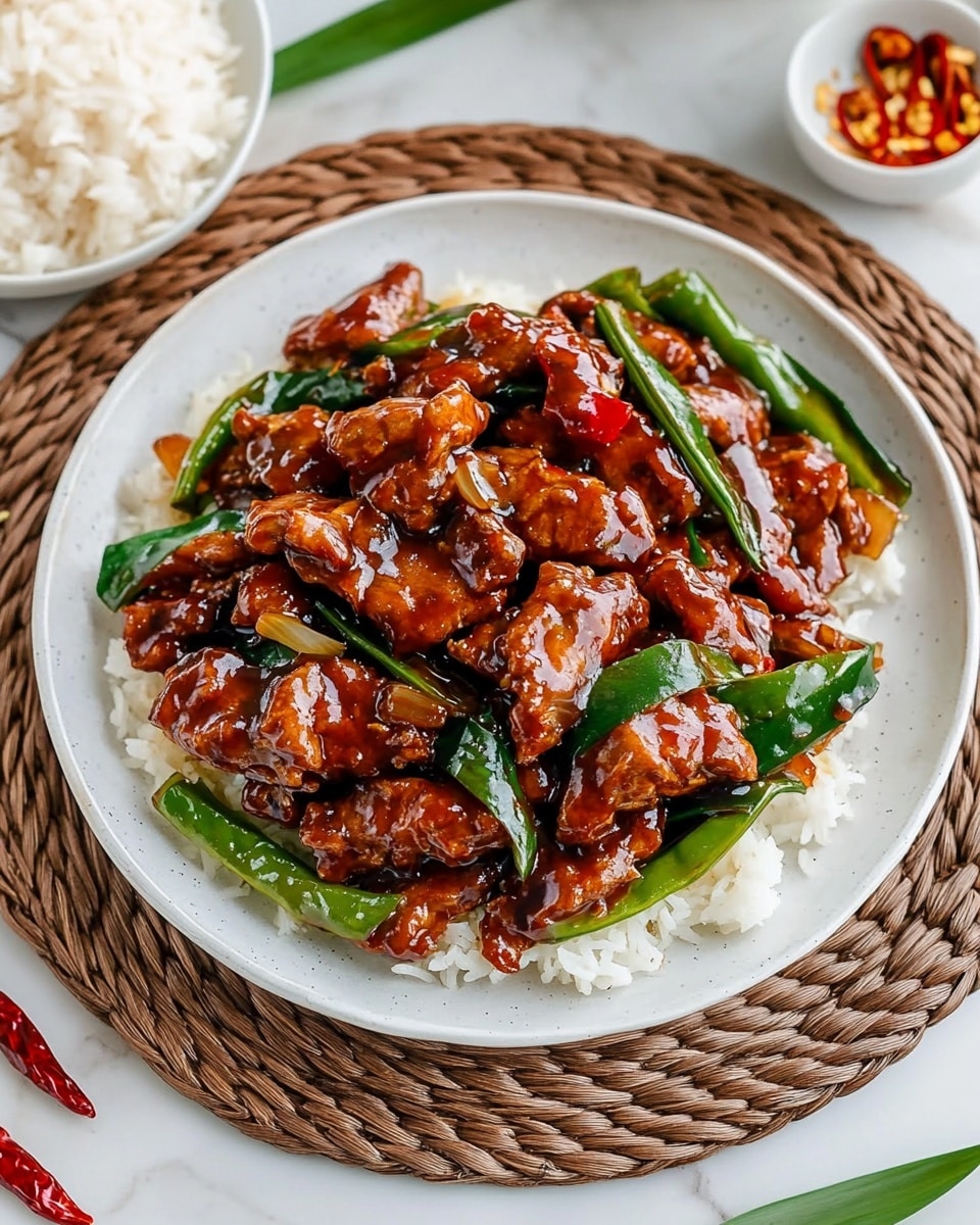 Mongolian Chicken, Chinese stir-fry, crispy chicken recipes, homemade Asian chicken, quick dinner ideas A white round plate sits on a woven brown charger, placed on a white marbled surface. The plate holds a dish with about two layers: the bottom layer has glossy, dark green, sliced long vegetables, and the top layer shows many pieces of brown glazed meat covered in a shiny reddish-brown sauce, mixed with whole dried red chilies and green vegetable pieces. The texture of the meat is slightly bumpy and coated in the sauce, contrasting with the smooth, fresh shine of the green vegetables. Surrounding the main plate, there are two white bowls filled with white rice, some dry red chilies, and green vegetables scattered on the white marbled surface.