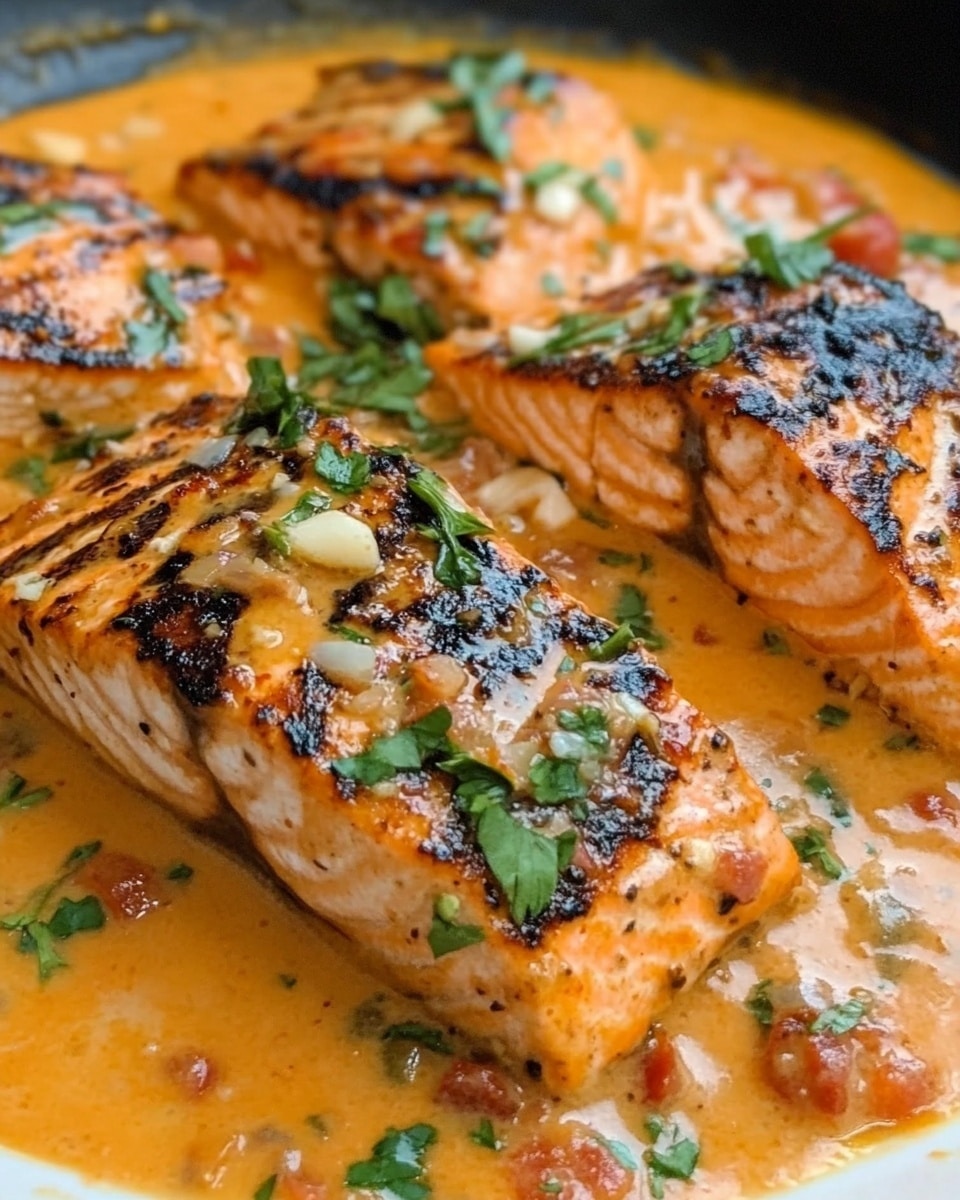 Marry Me Salmon, Sun-Dried Tomato and Parmesan Cream Sauce, Easy Salmon Dinner, Elegant Fish Recipes, Quick Weeknight Seafood The image shows a red pan filled with three pieces of browned chicken resting in a thick orange sauce with visible bits of tomatoes and herbs, garnished with small green basil leaves scattered on top. The sauce looks creamy and rich with a slightly textured surface. The pan sits on a white marbled texture.