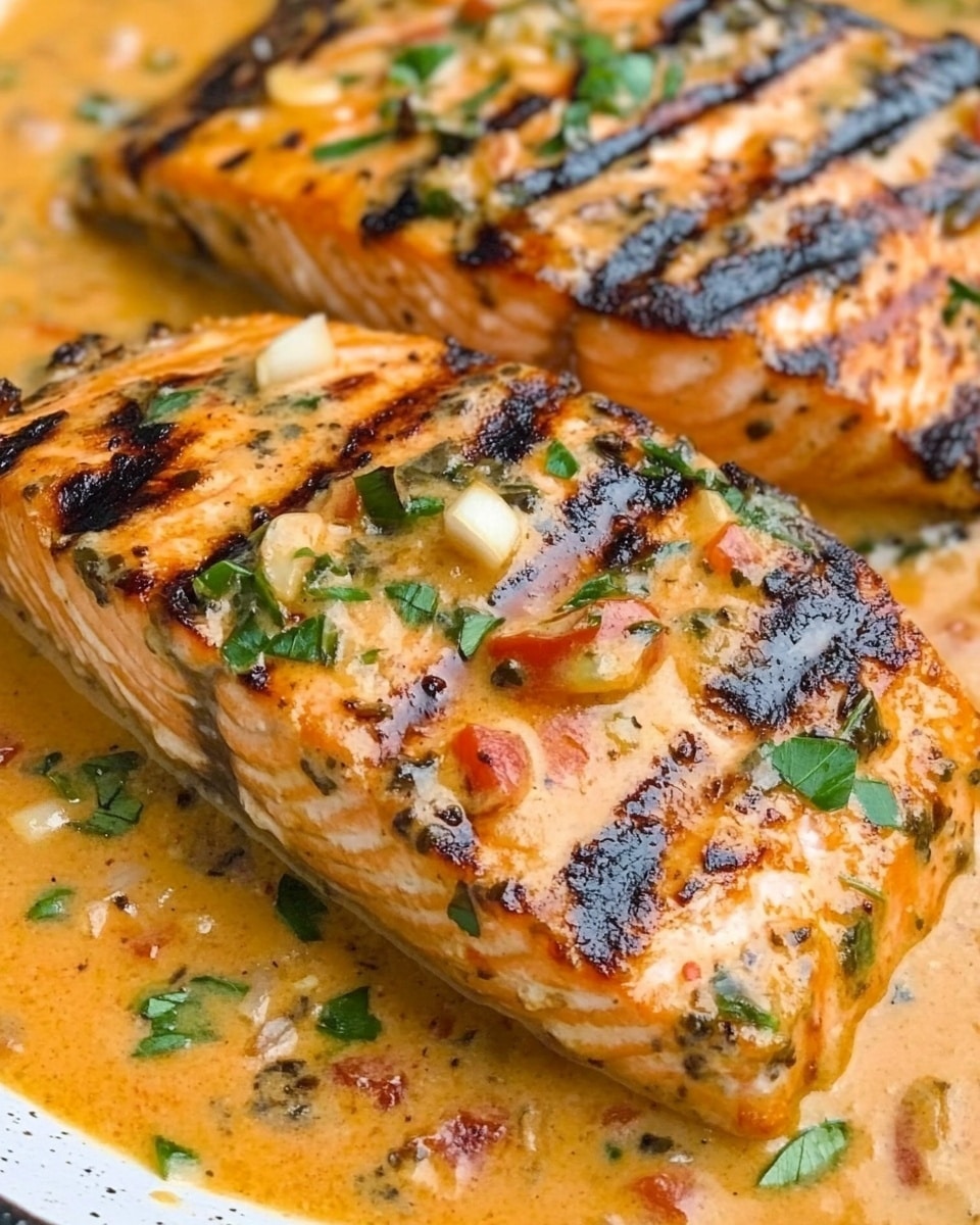 Marry Me Salmon, Sun-Dried Tomato and Parmesan Cream Sauce, Easy Salmon Dinner, Elegant Fish Recipes, Quick Weeknight Seafood The dish shows three pieces of grilled salmon placed in a thick orange creamy sauce with small bits of white and red, likely garlic and tomatoes. The salmon pieces have charred, dark grill marks on top and appear tender with a slightly pink center. Fresh green herbs are sprinkled over the salmon and sauce, adding a fresh contrast. The sauce looks rich, with a smooth yet chunky texture spread all around the fish on a white marbled surface.
