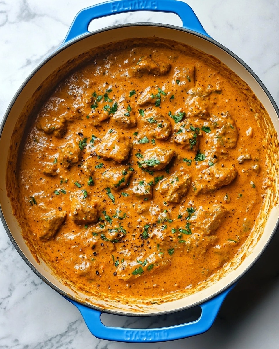 Instant Pot Chicken Tikka Masala, Chicken Tikka Masala recipe, Instant Pot Indian dishes, easy chicken tikka masala, quick pressure cooker curry The image shows a white bowl filled with creamy orange curry with chunks of tender meat evenly spread throughout. A woman's hand is holding a wooden spoon dipping into the curry, scooping up some meat and sauce from the center. The curry is topped with a light drizzle of white cream and sprinkled with chopped green herbs that add a fresh touch. Pieces of white flatbread with golden brown spots are arranged around the bowl on a white marbled surface. The bright, warm colors of the curry contrast with the white bowl and bread, creating an inviting and rich look.