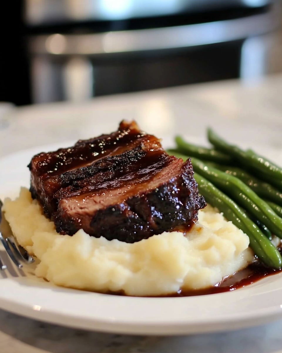 Instant Pot Beef Ribs, Instant Pot Beef Ribs recipe, quick beef ribs, tender beef ribs, easy pressure cooker beef ribs A white plate with a base layer of creamy mashed potatoes that are smooth and fluffy, topped at the center by a thick slice of dark brown glazed meat with a shiny, sticky sauce. The meat is slightly pulled apart by a fork, revealing soft, tender, stringy texture inside. A few bright green beans rest on the edge of the mashed potatoes, adding a pop of color. The plate is set on a white marbled surface.