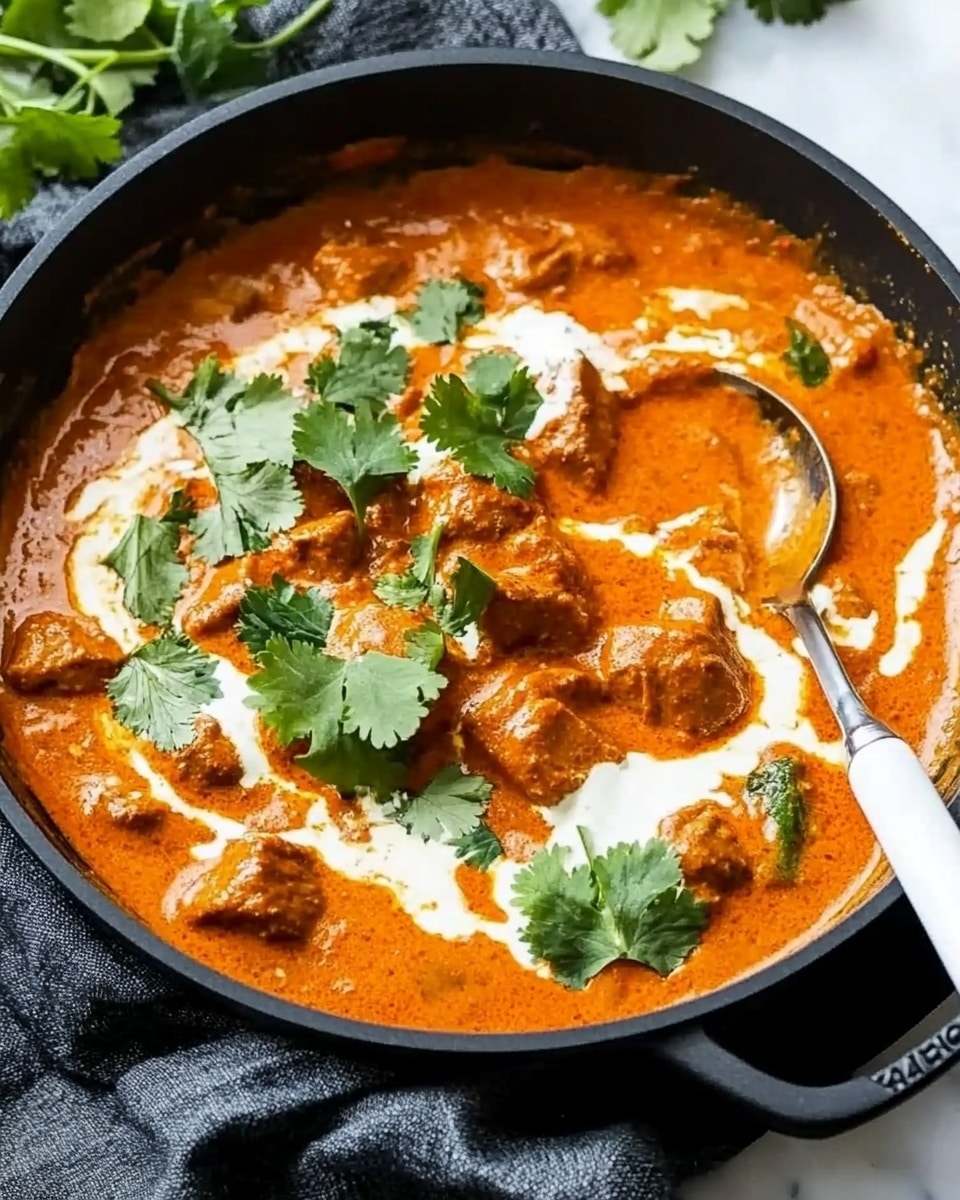 Homemade Chicken Curry, easy chicken curry recipe, comforting chicken dishes, flavorful homemade curry, weeknight chicken curry A round white bowl holds a base layer of fluffy white rice with separated grains. On top, there is a layer of orange-brown curry with visible chunks of cooked meat coated in thick sauce. Green coriander leaves are scattered over the curry for garnish. The bowl sits on a white marbled surface with a white and gray striped cloth nearby and a copper spoon to the side.