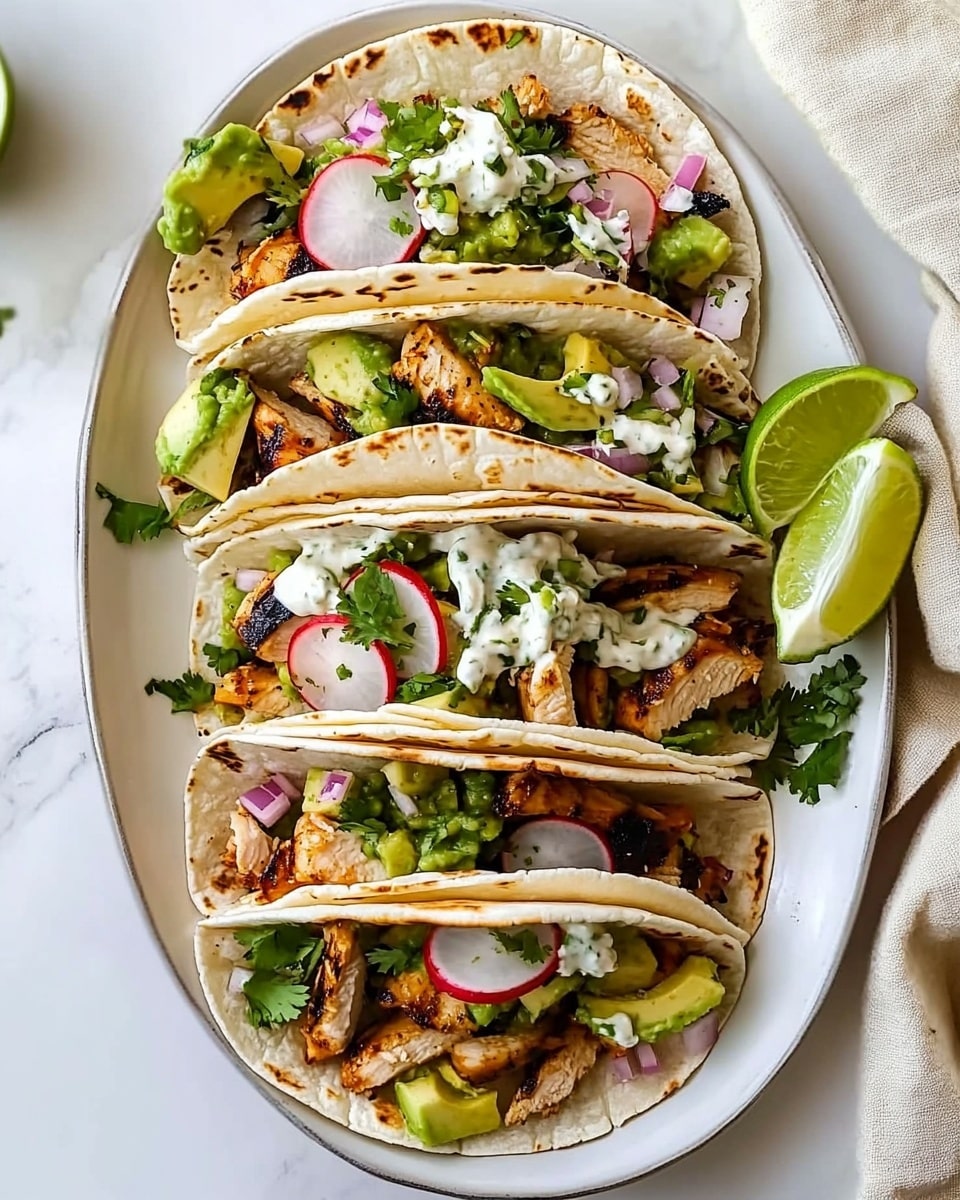 Grilled Chicken Tacos, Best Chicken Tacos, Easy Taco Recipes, Juicy Chicken Tacos, Delicious Taco Ideas A white oval plate holds five soft tacos arranged in a row, each layered with grilled chicken pieces at the bottom, topped with thin slices of avocado and radish, a drizzle of white creamy sauce, green salsa, finely chopped red onions, and small bits of fresh cilantro scattered on top. The tortillas are soft and slightly folded to hold the fillings, with some lime wedges placed on the side of the plate. The plate sits on a white marbled surface with a beige cloth napkin partially visible on the right side.