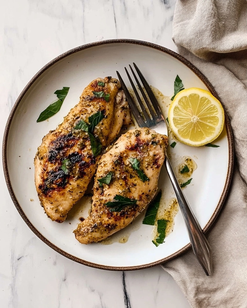 One-Pan Lemon Basil Chicken, lemon basil chicken, easy chicken dinner, quick weeknight chicken, healthy one-pan chicken Two grilled pieces of seasoned chicken with green herbs on top sit on a round white plate. A silver fork rests on the right side of the plate next to a thin lemon slice. The plate is set on a white marbled surface with a beige cloth napkin to the right.