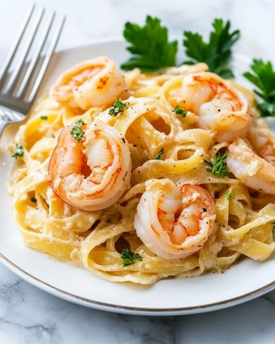 Shrimp Fettuccine Alfredo, creamy seafood pasta, easy shrimp pasta, quick seafood dinner, restaurant-style shrimp Alfredo The image shows a white plate with five to six pieces of thick, creamy fettuccine pasta mixed with six large, pink shrimp. The shrimp have a slight orange tint and some seasoning. On top and around the pasta, there are small green parsley leaves adding color. A silver fork and spoon rest next to the plate on a white marbled surface. The background is simple and bright.