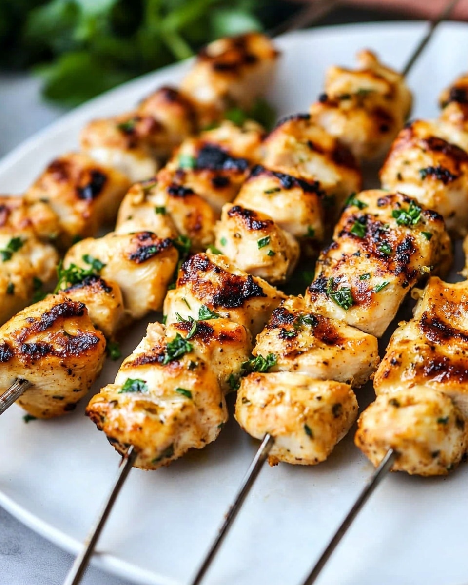 Garlic Parmesan Chicken Kebabs, Chicken Kebabs with Garlic and Parmesan, Easy Chicken Kebabs, Summertime Chicken Skewers, Juicy Chicken Kebabs The image shows several skewers of grilled chicken pieces stacked close together on a white plate. Each skewer has multiple chunks of chicken with golden brown grill marks and a light char on the edges. The chicken looks juicy with a slightly shiny texture and is sprinkled with finely chopped green herbs. The plate is set on a white marbled surface. The focus is tight on the chicken, showing the details of the herb bits and the grilled surface.