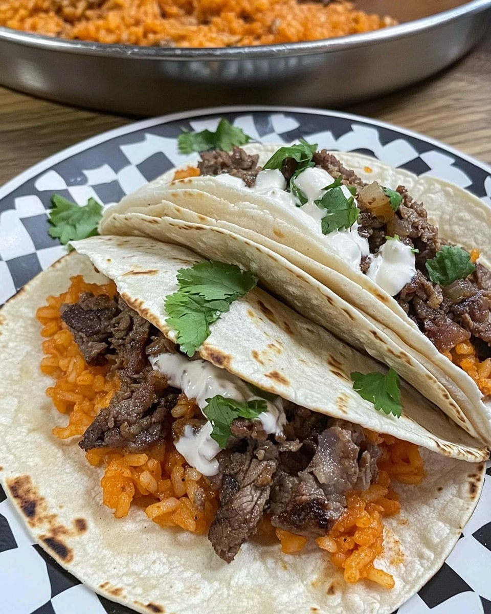 Cheesy Steak & Rice, easy steak and rice dinner, quick weeknight steak recipes, cheesy beef and rice skillet, flavorful steak rice bowl Two soft, white tortillas lie on a white plate with a black and white checkered pattern. The top taco shows three layers: at the bottom, a layer of orange rice with a moist texture; in the middle, dark brown cooked beef pieces scattered unevenly; over the beef, white creamy sauce drizzled and some red sauce on the right side; fresh green cilantro leaves are sprinkled on top. The bottom taco is partially folded, revealing the same orange rice, beef, and some green cilantro leaves sticking out. The plate rests on a wooden surface, with a large metal pan filled with more orange rice and beef visible in the background.