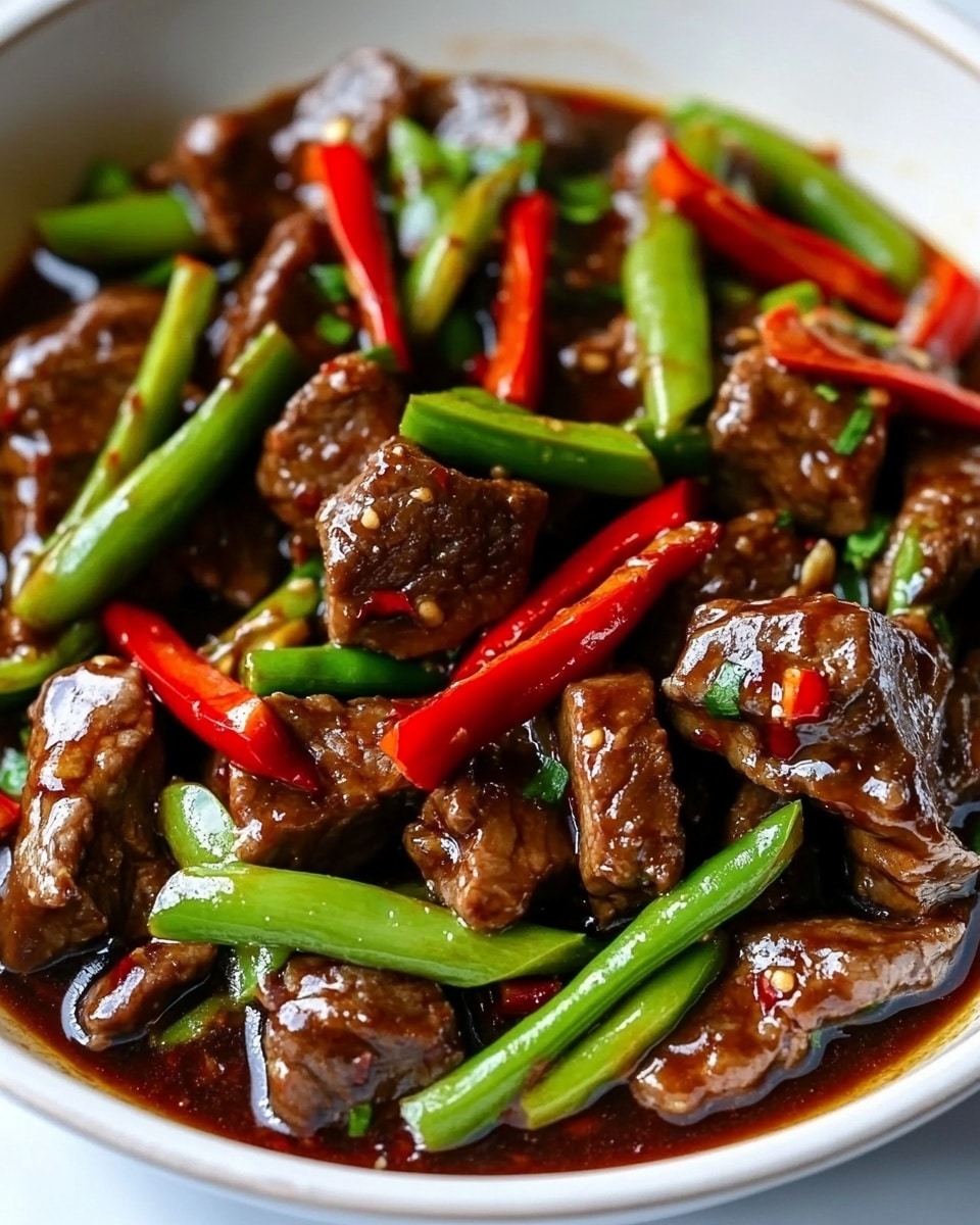 Pepper Steak with Bell Peppers and Rich Tomato Sauce, beef stir-fry with peppers, easy steak dinner, flavorful tomato sauce recipes, weeknight beef recipes The image shows a white bowl filled with stir-fried slices of dark brown beef mixed with long, thin red and green bell pepper strips. The beef pieces have a shiny glaze, and the vegetables have a fresh, slightly crisp look. A wooden spatula is held by a woman's hand, lifting some beef and peppers slightly above the bowl, revealing the rich texture and colors of the dish. The bowl rests on a white marbled background.