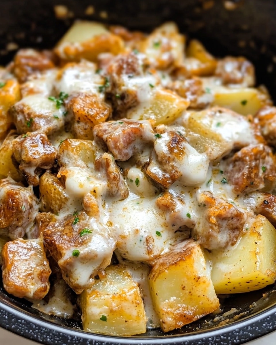 Garlic Parmesan Crockpot Chicken and Potatoes, easy slow cooker chicken dinner, comfort food with garlic and Parmesan, flavorful crockpot chicken recipes, simple weeknight chicken meal A close-up view of a dark bowl filled with a thick mix of cooked diced potatoes and chunks of meat, all coated in a creamy white sauce with specks of green herbs sprinkled on top. The diced potatoes are golden brown with some edges slightly darker, and the meat pieces have a browned texture with visible seasoning. The creamy sauce binds the ingredients, creating a rich, hearty look with a mix of soft and slightly crispy textures. The bowl sits on a white marbled surface.