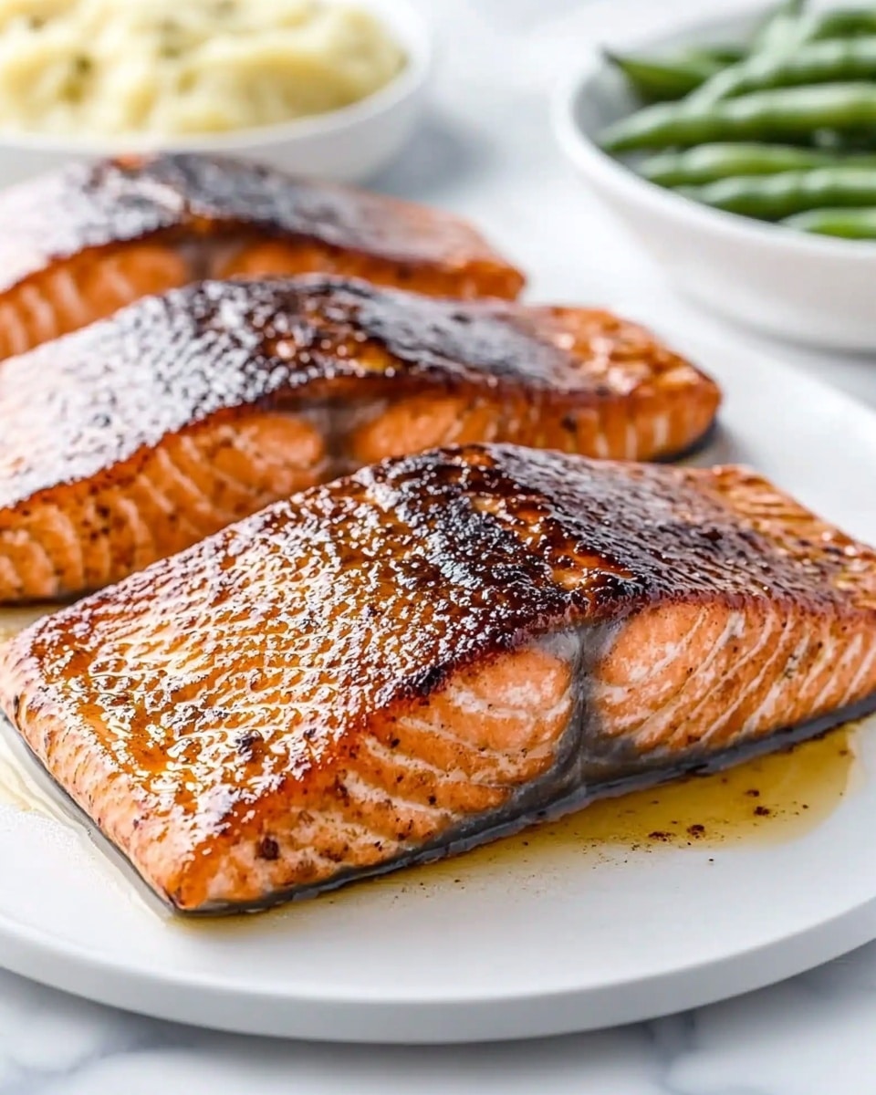 Chili Maple Glazed Salmon, healthy salmon recipes, quick salmon dinner, easy fish recipes, flavorful salmon glaze Three large salmon fillets with a dark, spicy crust on top lie side by side on a foil-lined baking tray. The salmon's lower layers show a soft pink color, and the crust is rich brown with a slightly rough texture, spread evenly on each fillet. A bright red silicone brush with a wooden handle rests on the left edge of the tray. Behind the tray, a small white bowl with sauce and a gold spoon are seen on a white marbled surface.