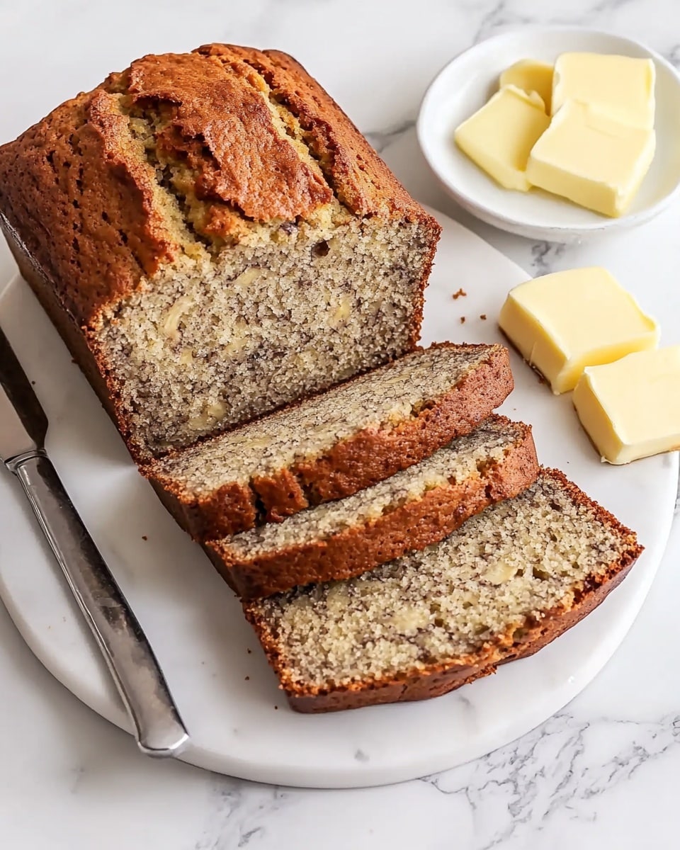 Fast & Moist Banana Bread, quick banana bread, easy banana bread recipe, moist banana loaf, homemade banana bread A loaf of banana bread sits on a white marble plate, with four even slices cut and laid out in front of the main loaf. The bread has a golden-brown crust with a moist light brown inside speckled with small darker bits, showing a soft crumb texture. To the upper right of the plate, a small white dish holds four light yellow butter squares. To the left of the plate, a silver butter knife rests on the white marbled surface. The whole scene is brightly lit, showing the warm tones of the bread and the creamy butter clearly.