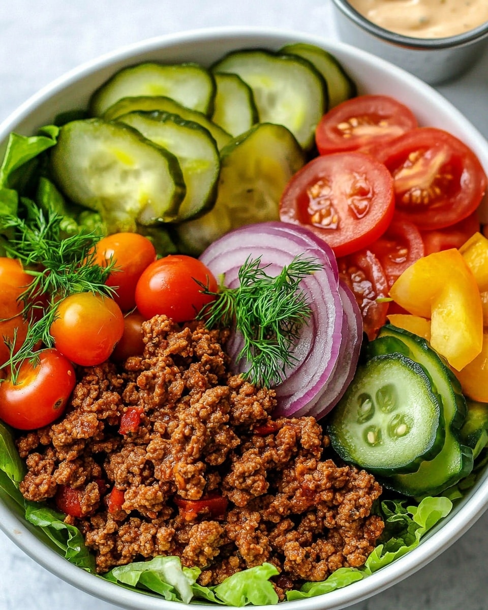 Burger Bowls with Spiced Potatoes, Beef Mince, and Homemade Burger Sauce, healthy burger bowl recipes, easy burger bowl ideas, flavorful beef salad bowls, quick weeknight dinner recipes The image shows a white bowl with a fresh salad arranged in layers. The bottom layer is green leafy lettuce covering the base. On the right side, there are thinly sliced pale green cucumbers with a creamy orange dressing drizzled on top. Above the cucumbers, crumbled brown seasoned ground meat is placed, also lightly drizzled with dressing. On the left side, thin rings of purple-red onion rest on the lettuce. At the bottom center, there are halved red and yellow cherry tomatoes garnished with small green herb sprigs. A small round metal cup of creamy orange dressing sits on the upper left portion over the lettuce. The whole bowl sits on a white marbled surface.