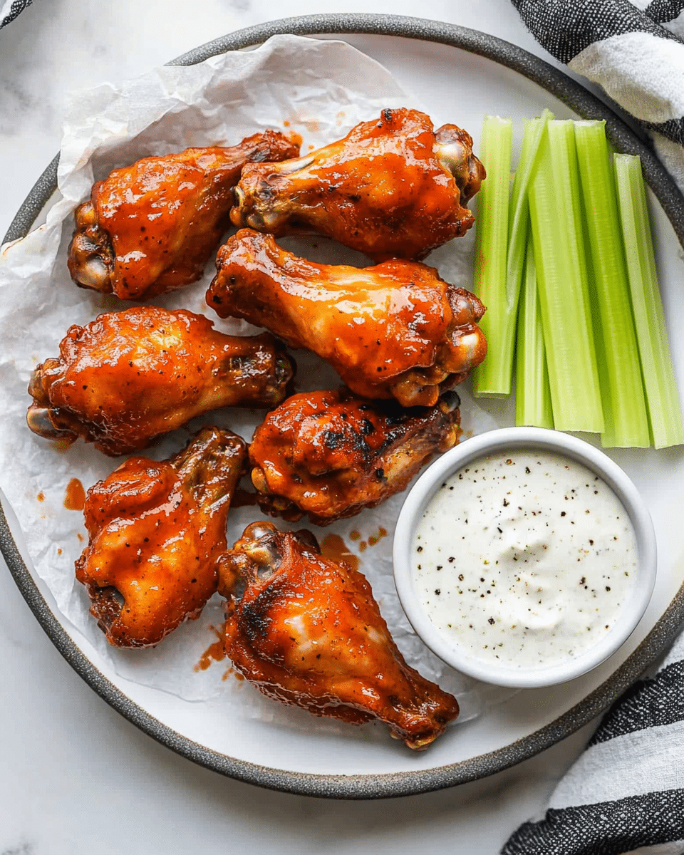 Crispy Baked Chicken Wings, baked chicken wings recipe, crunchy baked chicken wings, healthy chicken wing recipes, homemade baked chicken wings A white plate holds seven glazed chicken wings arranged in a loose circle around a small white bowl filled with white dipping sauce speckled with black pepper. On the right side of the plate, several green celery sticks stand neatly stacked. The chicken wings are shiny with a golden brown and reddish glaze, showing a slightly crispy texture. The plate sits on a white marbled surface.