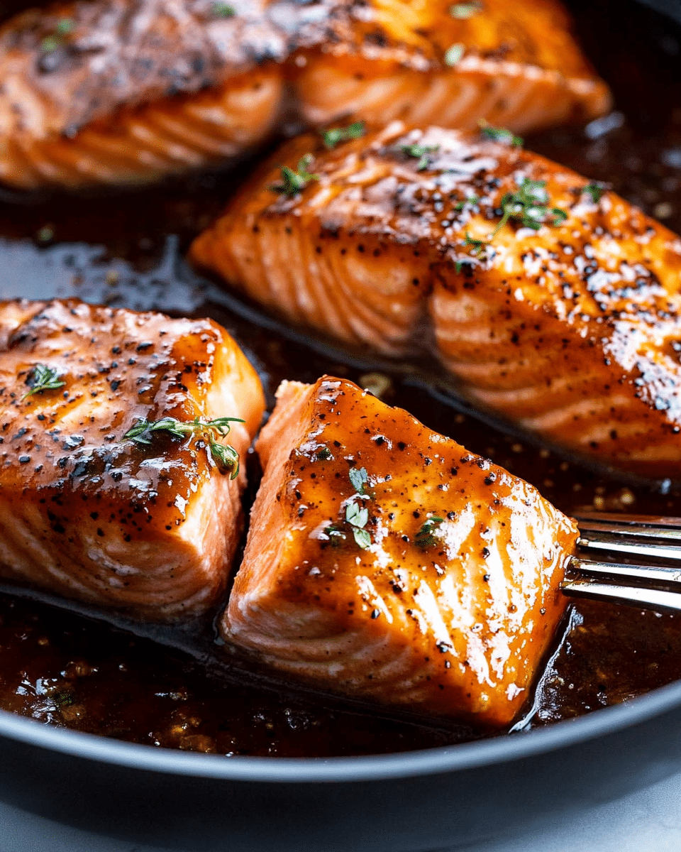 Honey Garlic Soy Glazed Salmon, Salmon glaze recipe, healthy salmon dinner, easy baked salmon, flavorful fish dishes The image shows two pieces of cooked salmon fillets in a pan, each coated with a shiny, dark brown glaze that looks thick and sticky. The top layer of the salmon has a caramelized texture with small sprinkles of green herbs and black pepper. One piece of salmon has flakes gently peeling off, revealing the soft, moist, light orange flesh inside. The background is a white marbled texture, and a silver fork touches the edge of the salmon in the foreground. The overall look is rich, flavorful, and fresh.