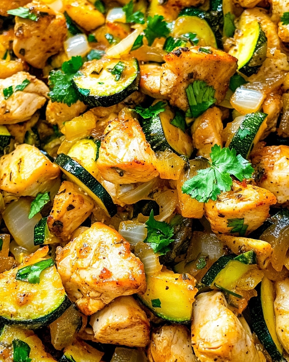 Baked Chicken and Zucchini, easy baked chicken and zucchini, healthy chicken zucchini dinner, one-pan chicken and zucchini, quick baked chicken and zucchini The image shows a clear glass baking dish filled with cooked food on a white marbled surface. The dish contains chunks of golden brown meat mixed with pieces of cooked yellow and green zucchini and pale juicy onions, all topped with bright green chopped herbs. The ingredients are mixed evenly, showing a textured and colorful combination of browned and soft vegetables and meat with a light sauce gathered at the bottom. The overall look is warm, fresh, and inviting, with a balance of green, yellow, and brown colors.