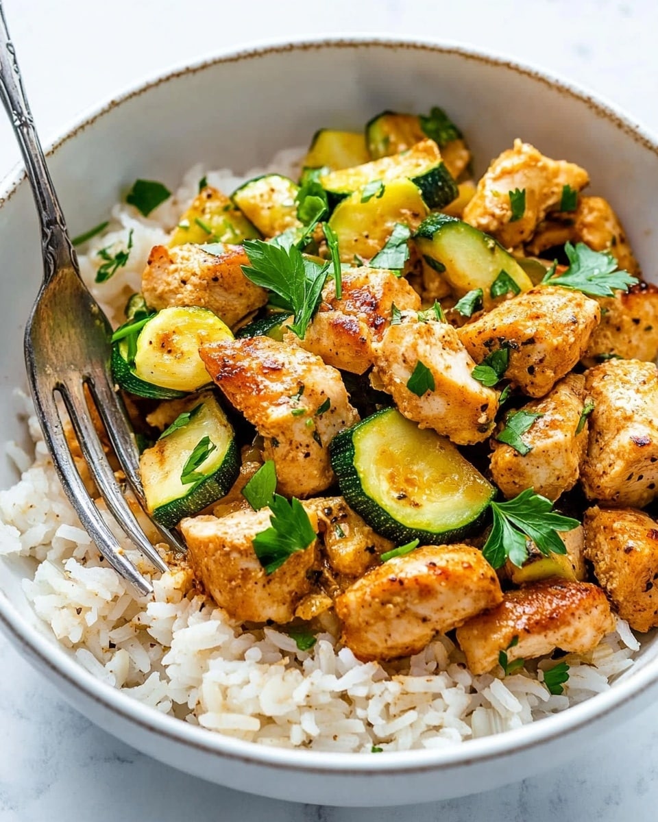 Baked Chicken and Zucchini, easy baked chicken and zucchini, healthy chicken zucchini dinner, one-pan chicken and zucchini, quick baked chicken and zucchini The dish is a close-up view of cooked pieces of chicken mixed with chopped zucchini and onion. The chicken pieces are golden brown with a slightly textured surface, scattered evenly across the image. The zucchini slices show a mix of light green and darker green skin with soft yellow flesh, while the onion pieces are translucent white, slightly browned at the edges. Small green cilantro leaves are sprinkled on top, adding a fresh contrast. The colors blend well, showing a mix of warm tones with fresh green highlights on a white marbled surface.