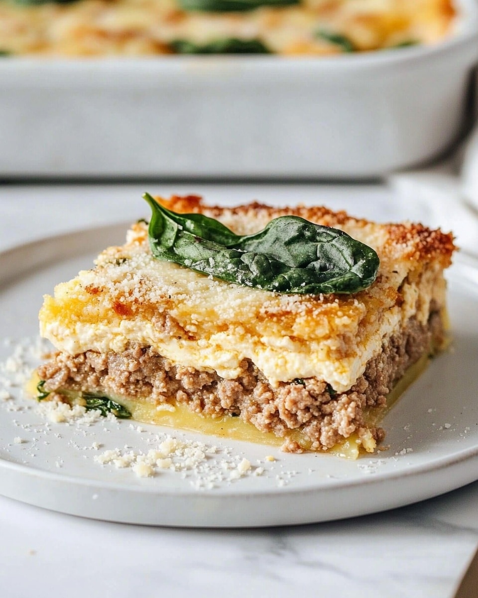 Ground Turkey and Sweet Potato Breakfast Casserole, healthy breakfast casserole, protein-packed breakfast dish, easy make-ahead breakfast, nutritious brunch ideas The image shows an oval white casserole dish filled with a baked dish that has two main layers; the bottom layer is creamy and mixed with visible pieces of vegetables or meat in pale colors with hints of green, while the top layer is a bubbly, golden-brown melted cheese with darker browned spots scattered across the surface. There is a silver fork resting inside the casserole on the left side with some of the dish scooped out, revealing the inside layers. To the left of the casserole, there is a white bowl filled with fresh green spinach leaves and red cherry tomatoes. A white round plate sits on the lower right corner with a serving of the casserole on it, accompanied by a fork. The background is a white marbled surface with two glasses of water placed on the top right and a grey cloth napkin partially visible in the bottom left corner.
