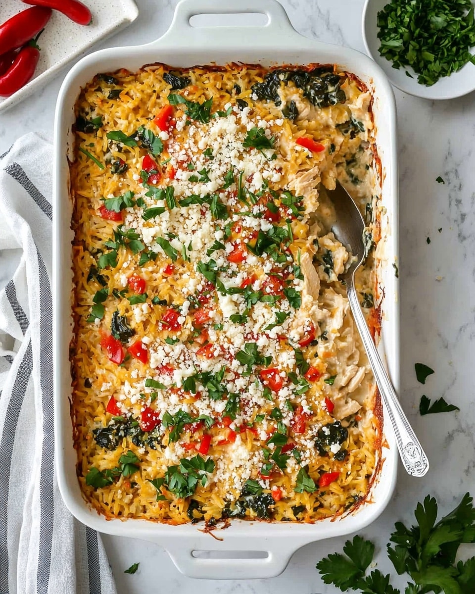 Greek Chicken Casserole with Orzo, Greek Chicken Bake with Feta and Spinach, Mediterranean Chicken Casserole, Easy Greek Chicken Meal, Cheesy Spinach Chicken Bake A white rectangular baking dish filled with a layered casserole dish. The top layer consists of scattered small white cheese crumbles and chopped green herbs. Underneath, there are visible layers of light yellowish cooked orzo pasta mixed with shredded light tan chicken pieces, bright red roasted peppers, and wilted dark green leafy vegetables. A silver fork is inserted into the dish, stirring the mixture on the right side. The dish sits on a white marbled surface with a small white bowl holding green herbs in the corner.