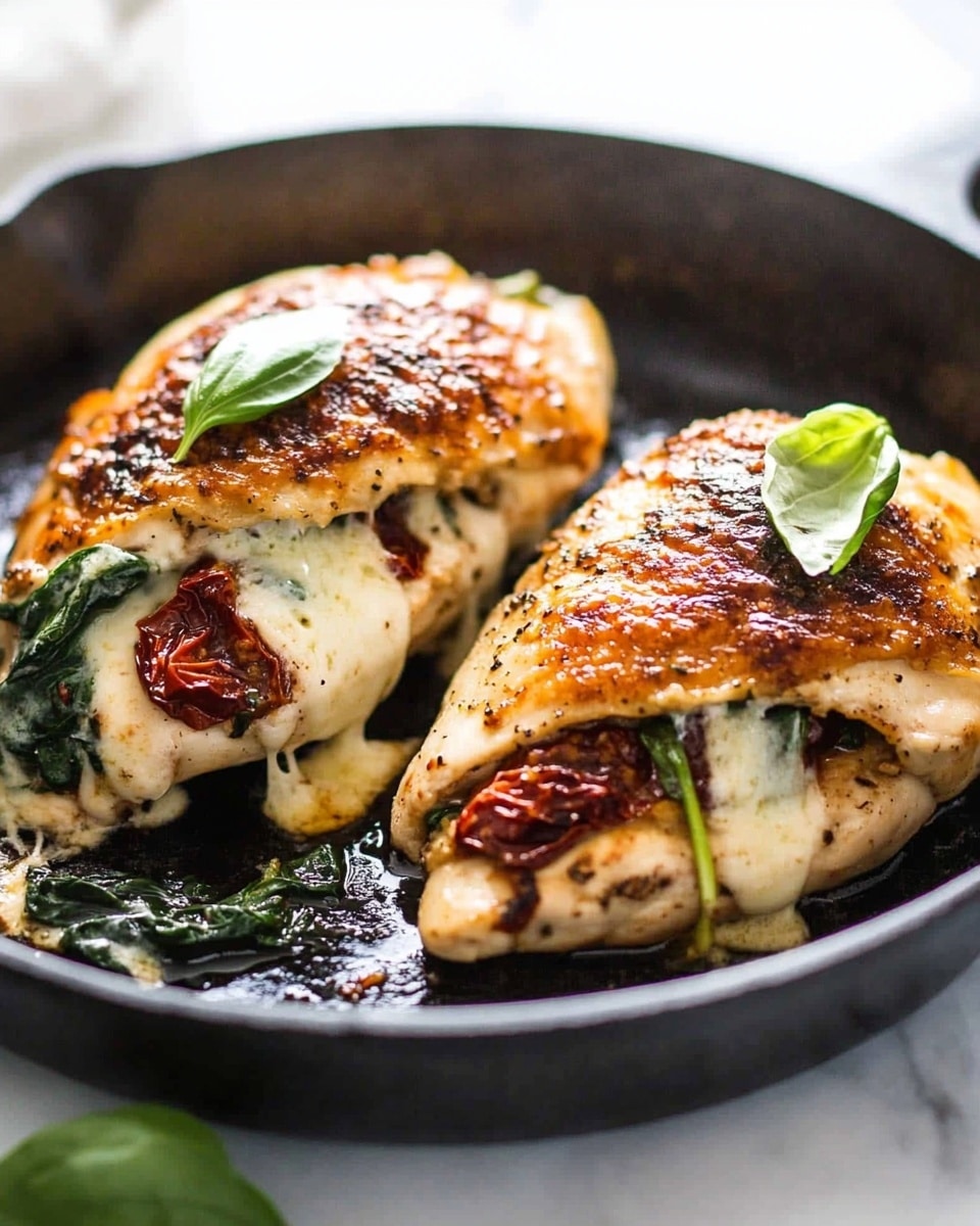 Spinach and Sun-Dried Tomato Stuffed Chicken Breast, stuffed chicken breast with spinach and sun-dried tomatoes, easy stuffed chicken recipe, flavorful chicken dinner, healthy stuffed chicken Two pieces of stuffed chicken sit in a black cast iron pan on a white marbled surface. Each piece has two layers: an outer golden brown cooked chicken layer folded over, with melted white cheese inside mixed with dark green spinach leaves and reddish-brown sun-dried tomatoes. The cheese is soft and slightly oozing out with some small fresh green basil leaves on top. The pan's black texture contrasts with the light colors of the chicken and filling.