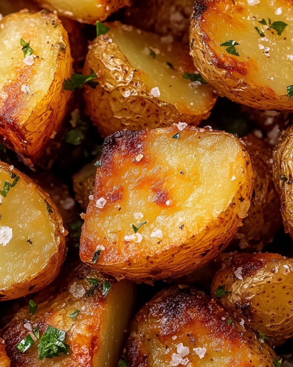 Crispy Oven Roasted Potatoes, crispy roasted potatoes, oven roasted potatoes, easy potato side dish, how to make crispy roasted potatoes The image shows several small, golden-brown roasted potato pieces arranged on a light wooden surface with some small green herb bits scattered around. The potatoes have a crispy, textured outside with a soft inside that reveals a pale yellow flesh. A silver fork rests nearby pointing towards the potato pieces. The background is a white marbled texture.