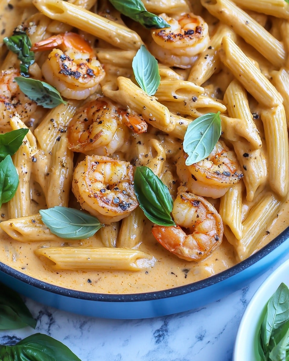 The image shows a close-up of a blue pan filled with creamy orange pasta, with visible penne noodles coated in a thick sauce. There are several brown-seared shrimp placed evenly among the pasta, and green basil leaves scattered on top, adding a fresh pop of color. The creamy sauce has a smooth texture with flecks of black pepper and herbs throughout. On the right side, a white bowl holds plain cooked penne pasta, and fresh basil leaves are at the bottom of the scene, resting on a white marbled surface. Photo taken with an iphone --ar 4:5 --v 6.1