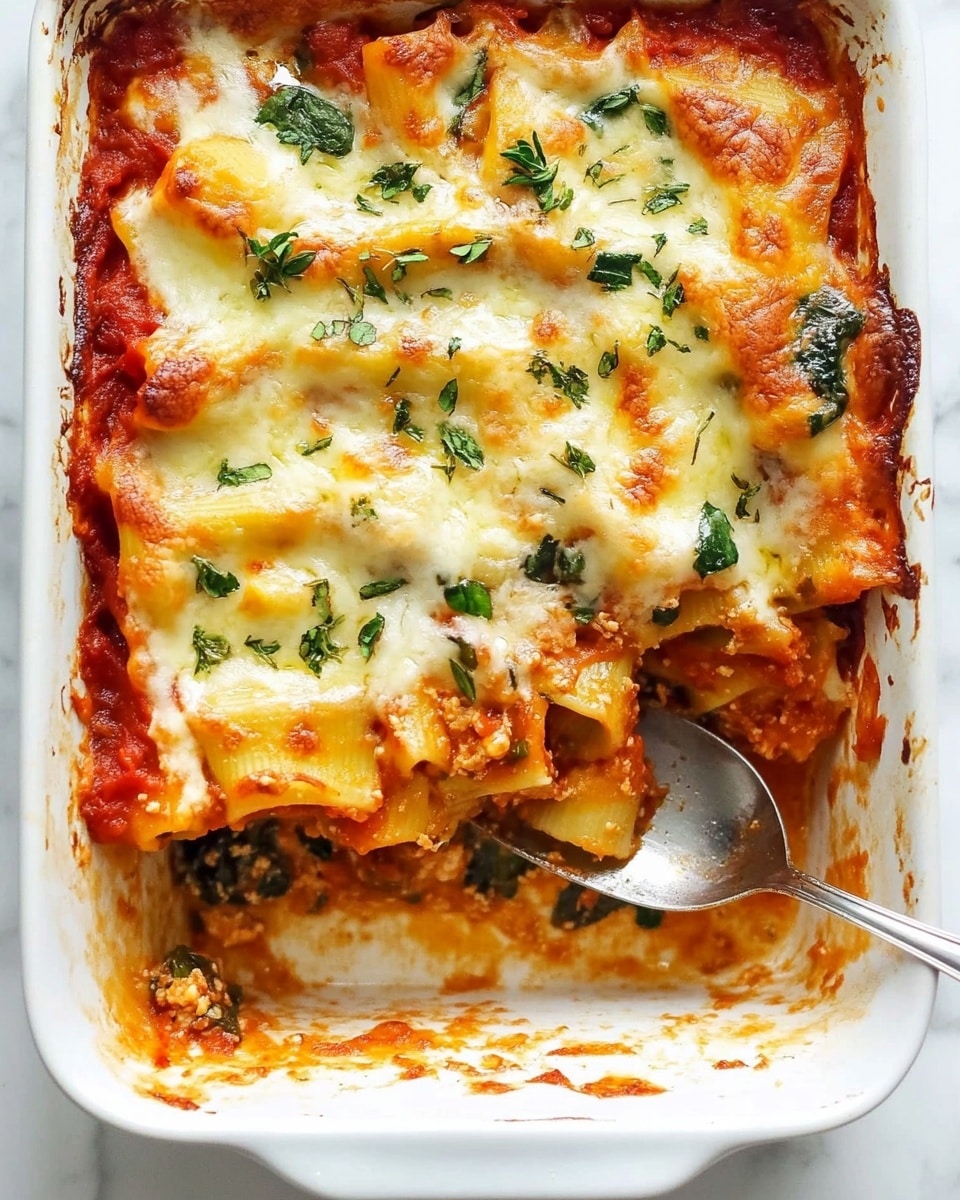A baked pasta dish in a white rectangular baking dish, showing multiple layers. The top layer is golden melted cheese with small browned spots and sprinkled chopped green herbs, mostly basil. Below the cheese, a thick red tomato sauce layer spreads across, with scattered herbs and a slightly chunky texture. Underneath, visible layers consist of flat wide pasta sheets mixed with a creamy filling that has green spinach leaves and small white bits, likely cheese. A silver spoon rests inside, scooping a portion that slightly pulls away, revealing the rich layers inside. The dish sits on a white marbled surface. Photo taken with an iphone --ar 4:5 --v 6.1